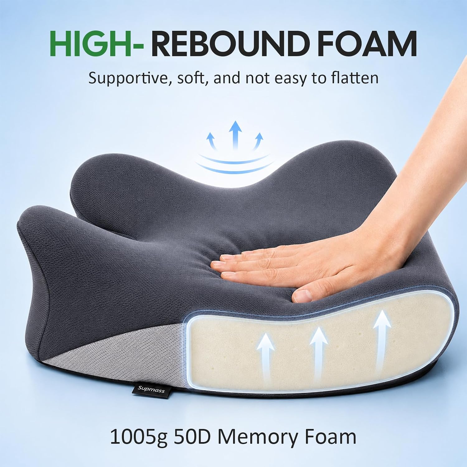 XL Seat Cushion for Office Chair, Thick Memory Foam, U-Shaped | 18.7 x 16.3 x 4.6 in memory foam cushion with coccyx cutout, non-slip base and washable cover for office, home and car