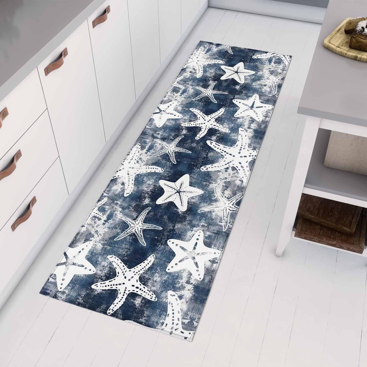 Teamery Kitchen Mats for Floor Summer Ocean Starfish Blue Washable Non Slip Kitchen Rugs 1PCS, Abstract Mottled Vintage Absorbent Standing Mats for Sink Bathroom Office Living Room 23.6x70.9in