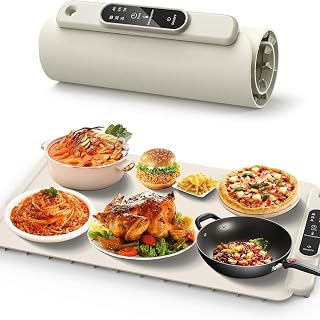 Portable Silicone Food Warmer Mat, 24.2x15.9 Inch Large Panel, 4-Temperature Settings & 60 Min Timer, 10-Second Fast Heating for Ceramic/Glass Plates, Ideal for BBQ & Home Dining (White)