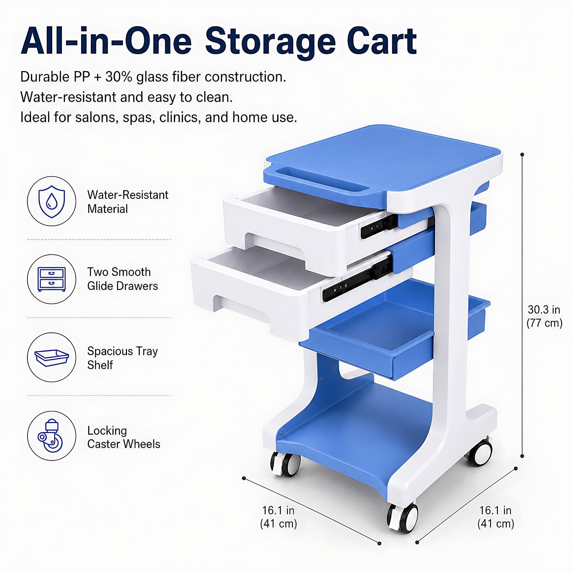 Carrito laboratorio 3 pisos 2 cajones, 50 kg, frenos, para estética Blue | Diseño compacto que ahorra espacio. Ideal para hospitales, clínicas, centros de estética, peluquerías y laboratorios.