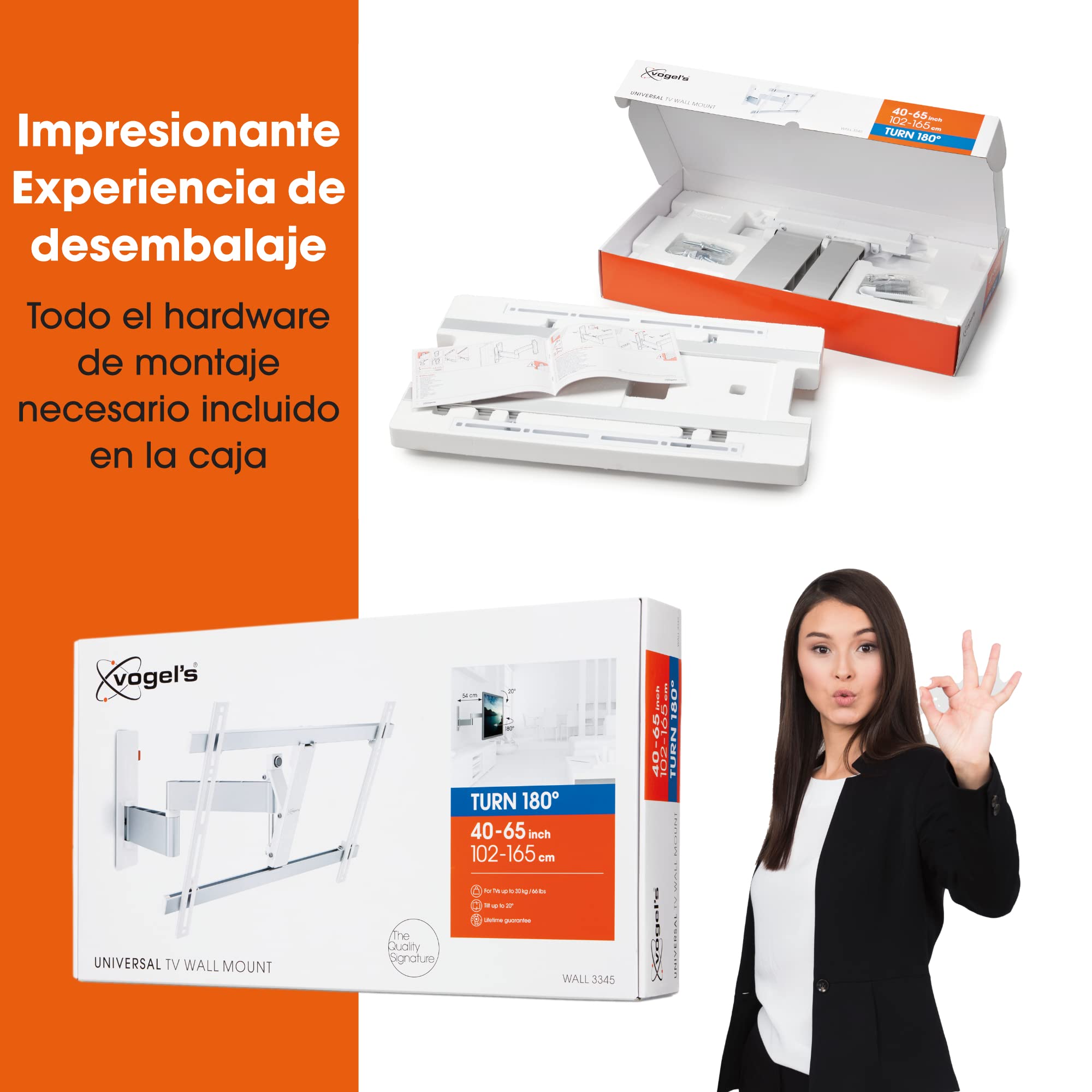 Vogel's Wall 3345 Soporte de Pared para TV, Inclinable y Giratorio 180º, para televisores de Entre 40-65 Pulgadas (102-165 cm), Blanco, Máx. 30 kg, VESA Máx. 600x400, Certificación TÜV