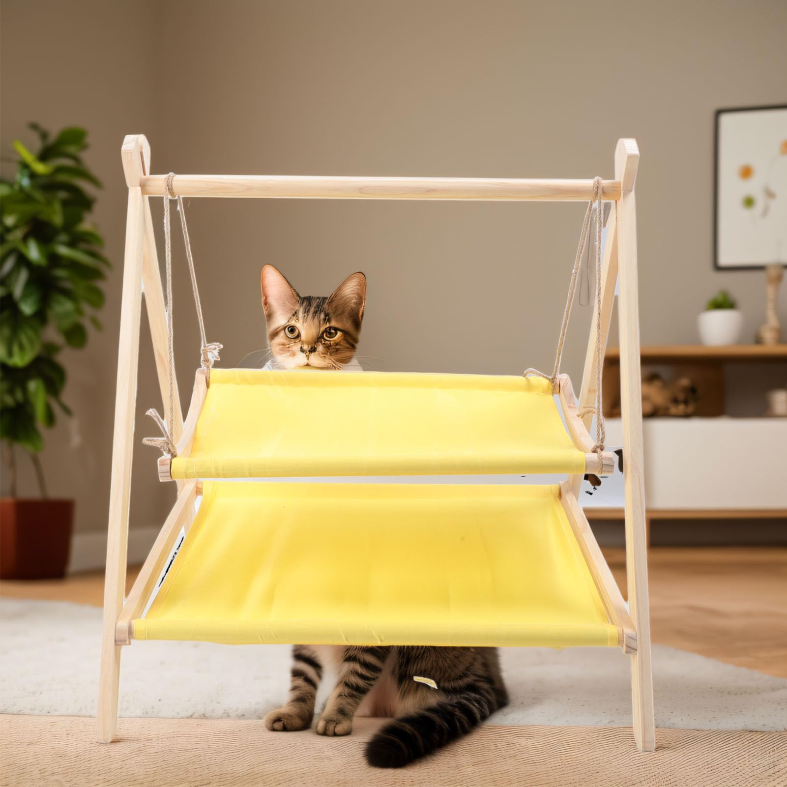 Cama Hamaca con Columpio para Gatos, Cama Elevada para Gatos de 2 Capas con Marco de Madera, Soporte de Carga Fuerte, Resistente a los Arañazos, Juguetes de Columpio para
