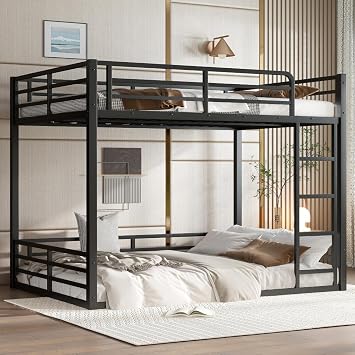 Metal Bunk Bed, Twin XL Over Twin XL Floor Frame, Heavy-Duty for Kids, Teens, Adults, Noise-Reduced Design, Black Black + Metal