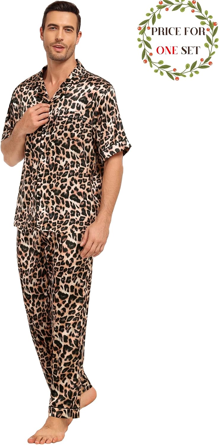 SWOMOG Matching Pajamas for Couples Satin Short Sleeve Sleepwear Women/Men Silk Soft Button Down Nightwear 2 Pcs Loungewear