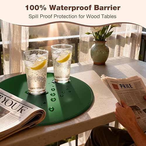 Miniatura 5 de Juego de 6 manteles individuales redondos de vinilo verde, de piel sintética, impermeables, lavables, resistentes al calor, manteles individuales