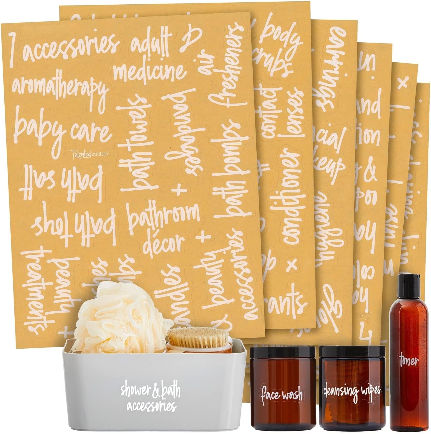 Talented Kitchen 192 Preprinted Bathroom Labels for Containers - White Script Stickers for Organizer Bins, Bath, Beauty Canisters, and Makeup Storage Organization (Water Resistant)