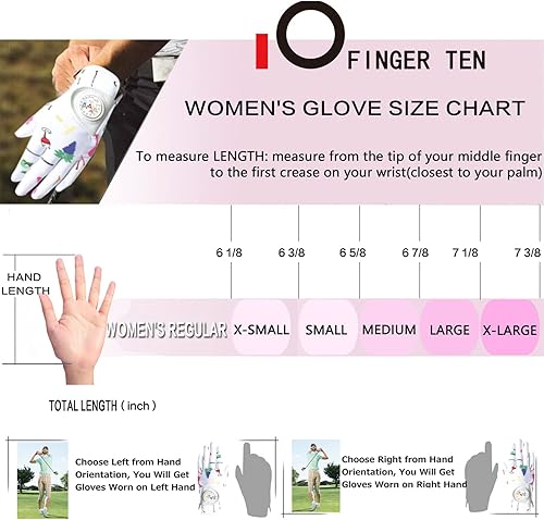 Miniatura 7 de FINGER TEN Guantes de golf para mujer, mano izquierda y derecha, de cuero, con marcador de bola, guantes de colores para mujeres diestras y zurdas,
