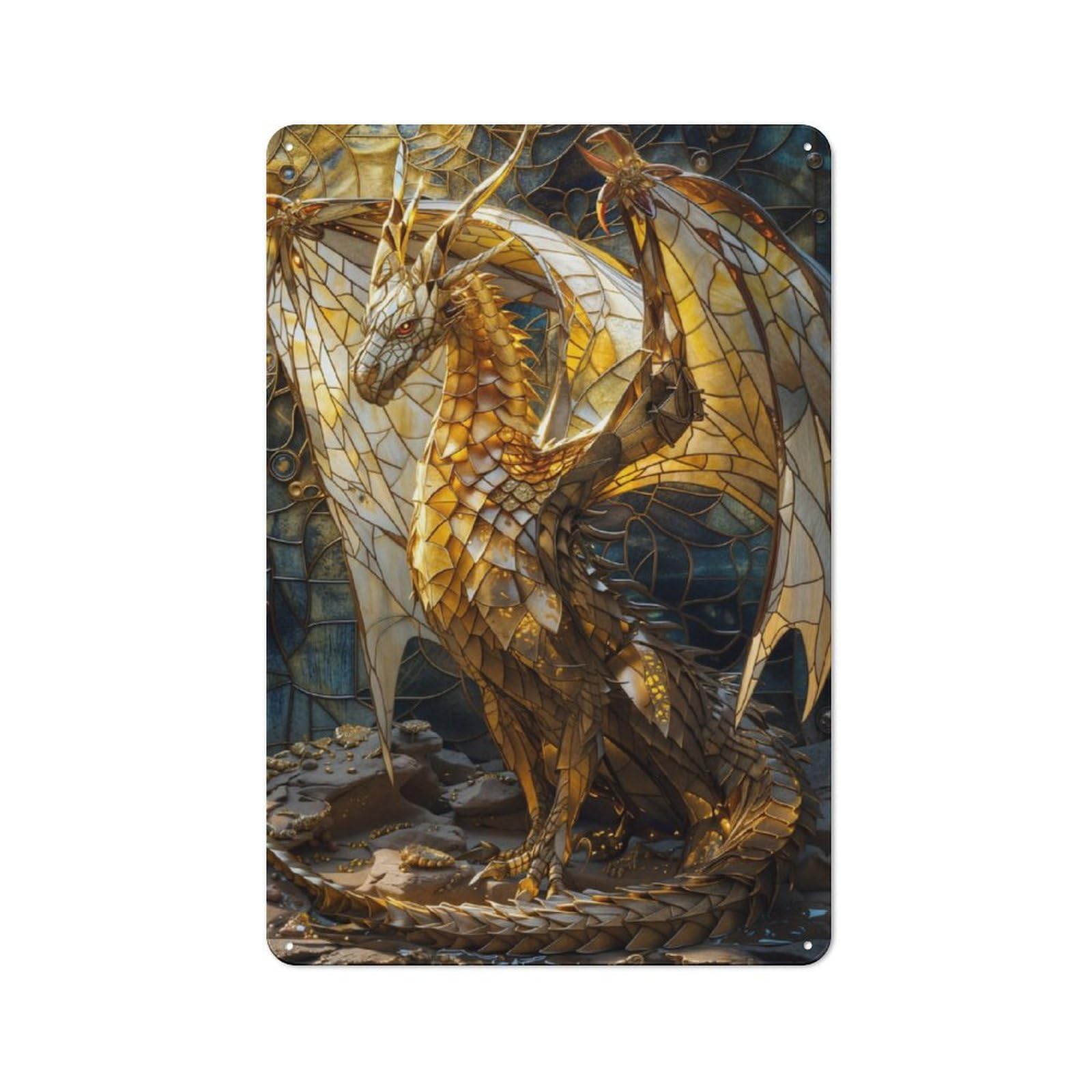 Junmoney Gold Stained Glass Dragon Vintage Metal Sign 30X20cm For Workshop Wall, With Clear Vintage Wall Decor Character