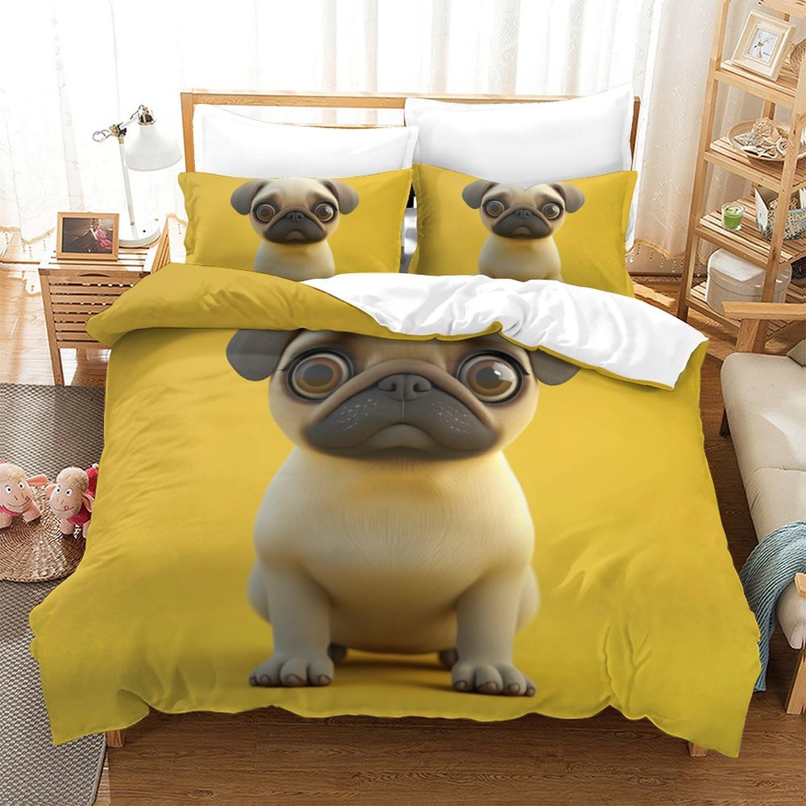 Housse de couette chien 3D anti-plis parure grand lit zippée pour enfants