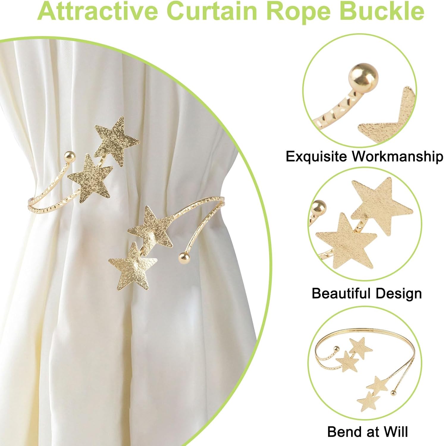 Curtain Tie Back 2Pcs Metal Curtain Tieback Creative Twist Drape Holder Clip Decorative Random Modelling Drape Holdback with Star for Home Office (Gold)