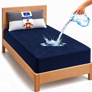GADDA CO Ultra Soft Cotton Terry Waterproof Mattress Protector for Single Bed | Breathable & Hypoallergenic Mattress Cover | 78x36 in (6.5x3 ft), Dark Blue, Pack of 1