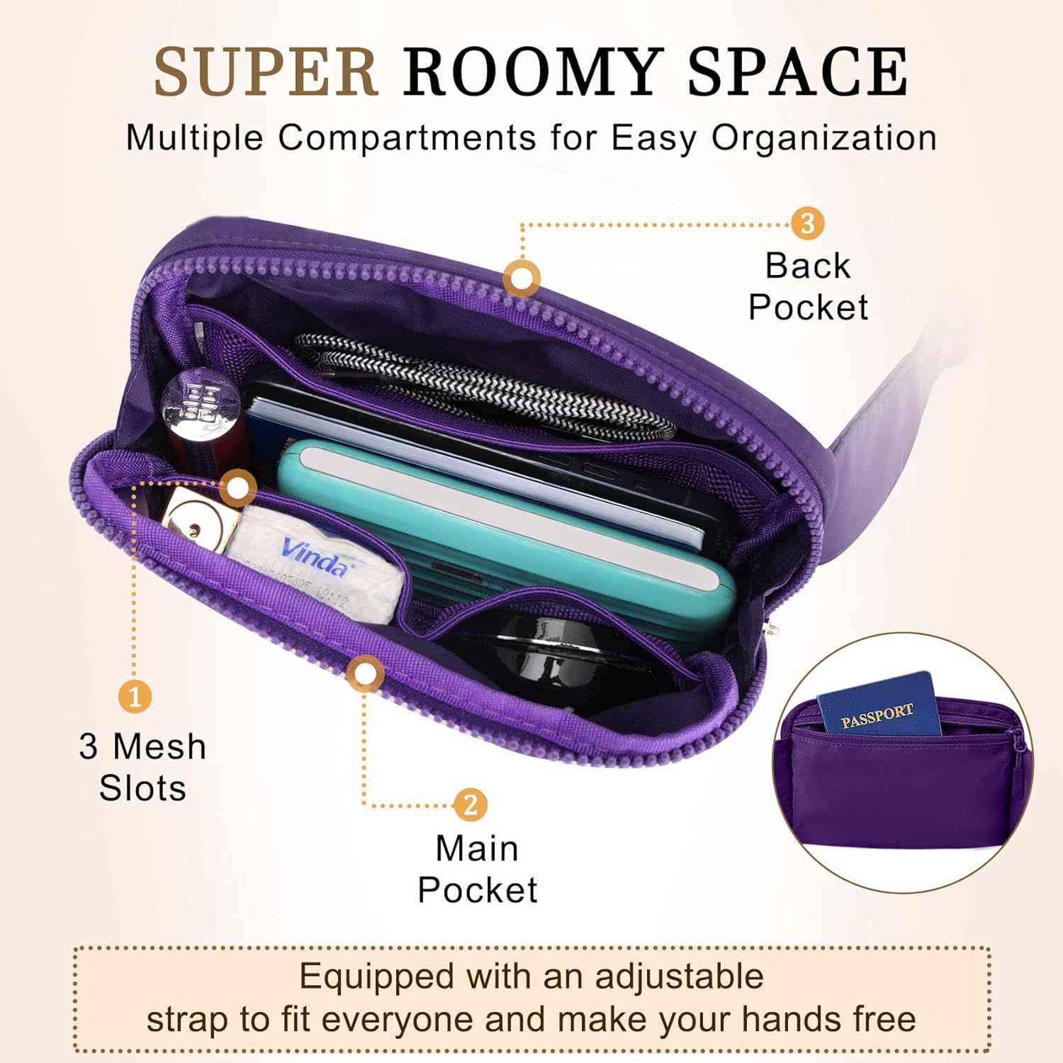 2L Purple Fanny Pack for Women Men, Large Everywhere Belt Bag with Adjustable Strap 55", Fashion Waist Bag Mothers Day Gift for Wife, Crossbody Bag Water-resistant for Travel, Sports, Hiking - Image 5