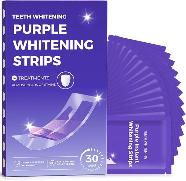 Purple Teeth Whitening Strips – V34 Color Corrector, 28 Strips (14 Treatments), Gentle Purple Whitening Strips for Teeth, Visibly Brighter Smile, Easy-to-Use Teeth Whitening Strips Purple - 1