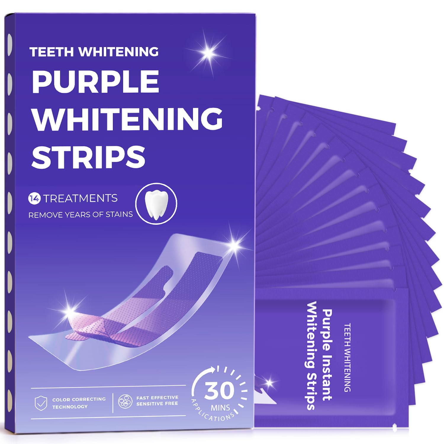 Purple Teeth Whitening Strips – V34 Color Corrector, 28 Strips (14 Treatments), Gentle Purple Whitening Strips for Teeth, Visibly Brighter Smile, Easy-to-Use Teeth Whitening Strips Purple