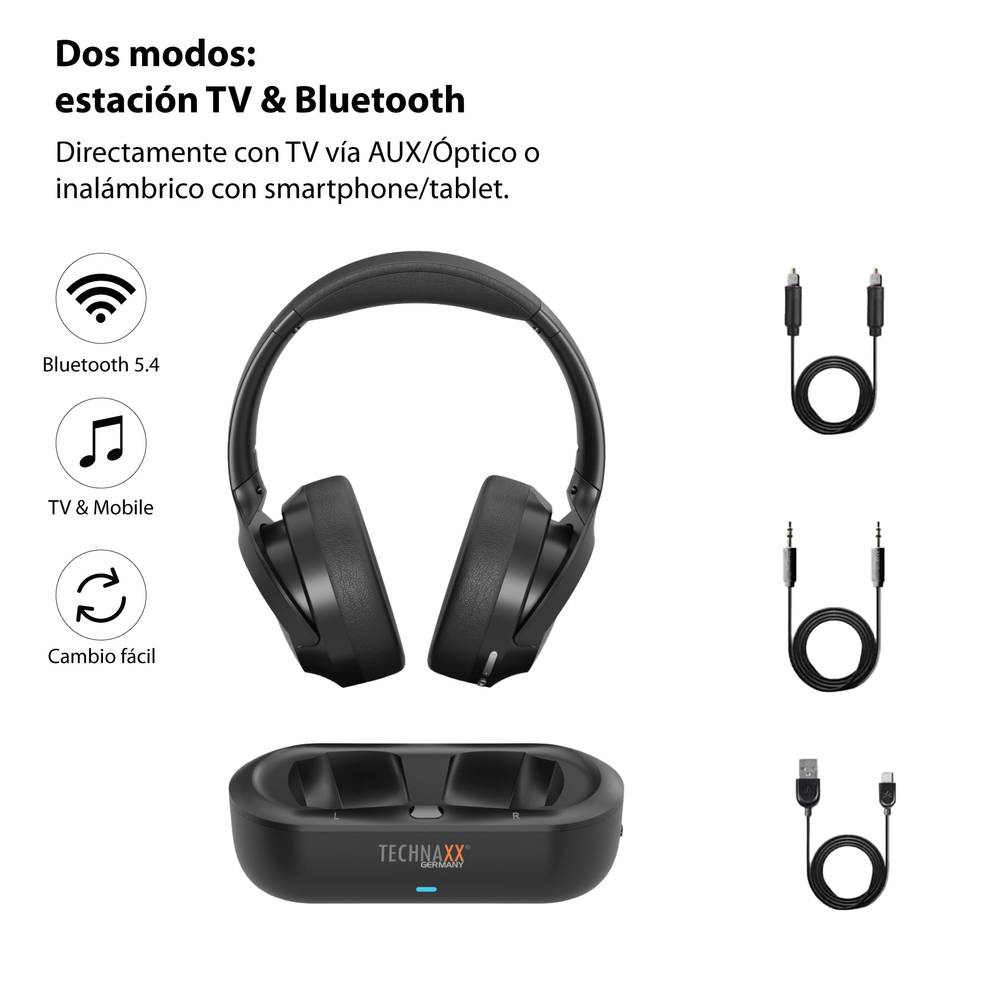 Technaxx Auriculares TV inalámbricos con Base de Carga – Cascos Bluetooth 5.4 Over-Ear con micrófono, 30h batería, USB-C, Entrada óptica y AUX – Ideales para televisión, Mayores y música - TX-350