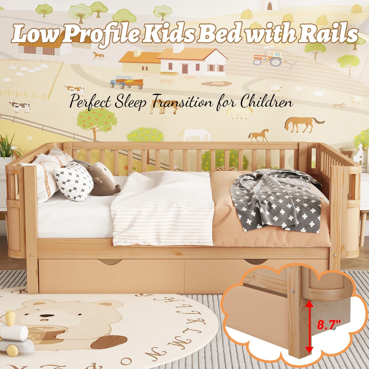 Full Size Kids Bed Frame, Low Profile Montessori Bed Full with Rails, Wood Daybed with Storage Drawer for Girls & Boys, No Spring Box Required, No Squeaks, Natural