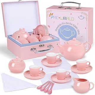 Porcelain Tea Party Set for Little Girls, 22Pcs Princess Tea Time Toy Including Teapot,Saucers,Teacups,Sugar Bowl,Creamer Pitcher,Spoons & Tablecloth, Kids Kitchen Pretend Play for Girls Boys
