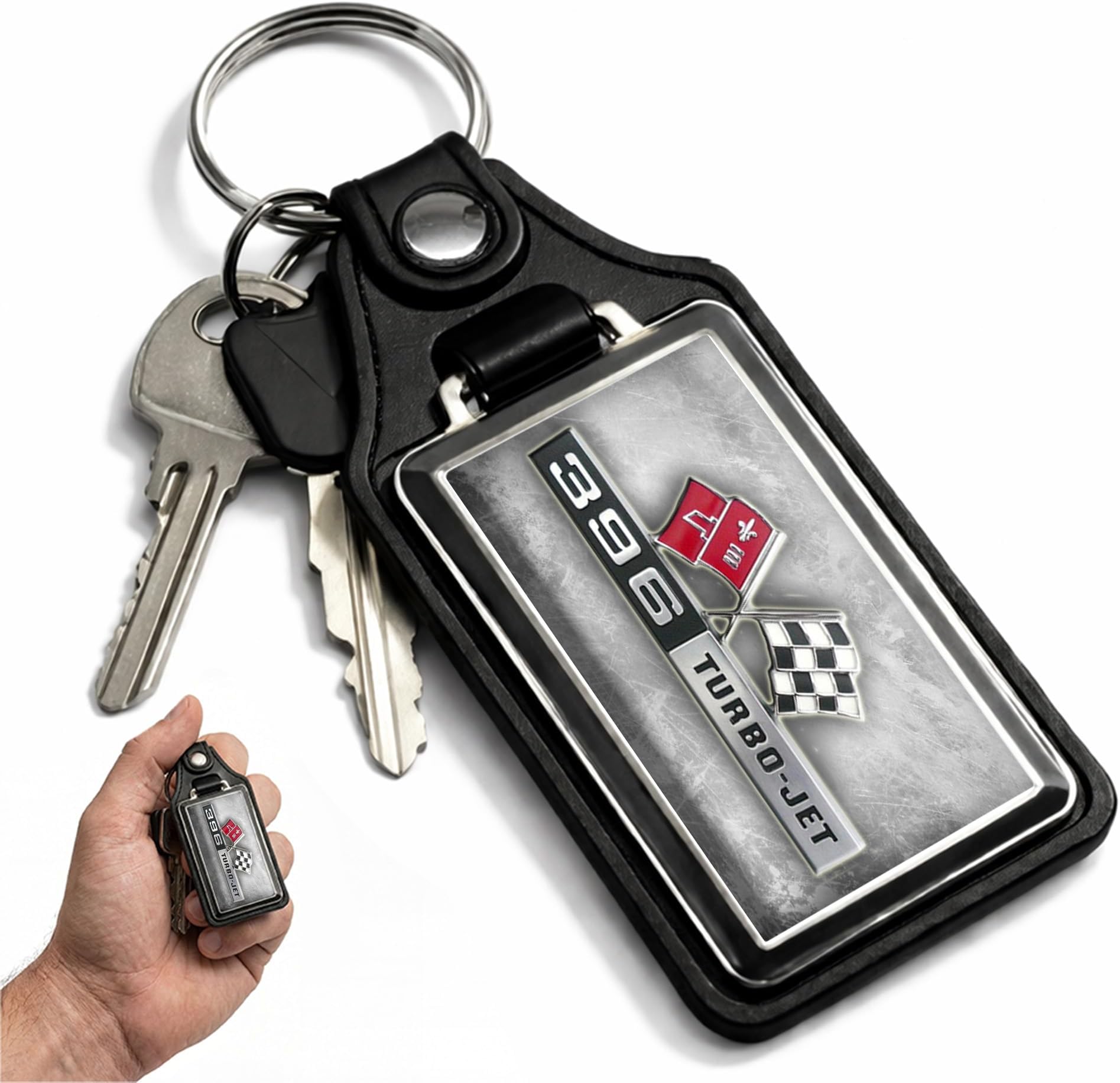 Chevy Flag 396 Turbo Jet Emblem Faux Leather Key Ring