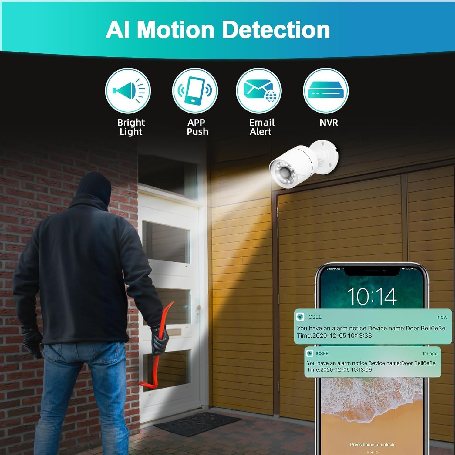 A security camera illuminating a person attempting to break into a garage, with a smartphone displaying an alarm notification from the iCSEE app.