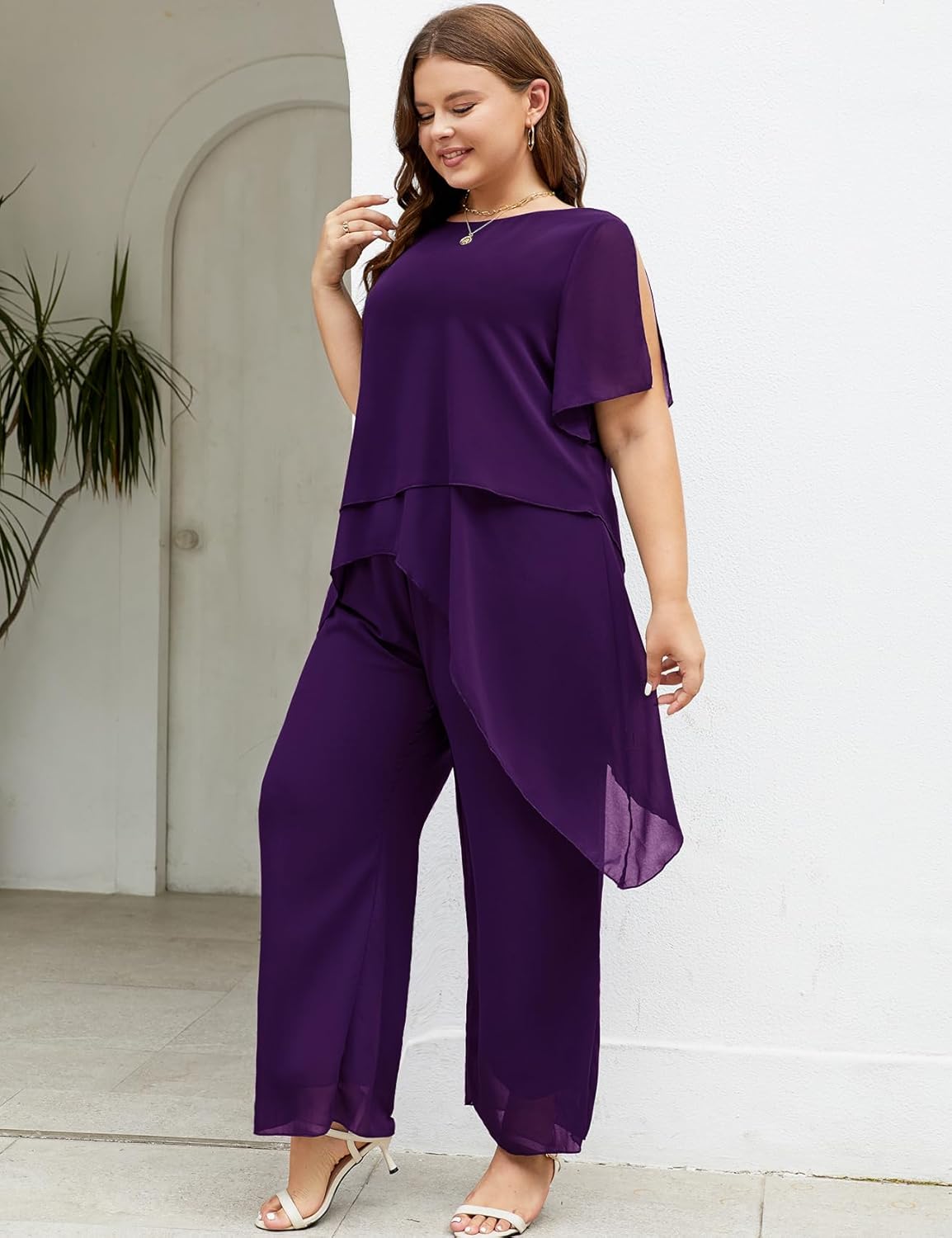 ZOMVA Plus Size Dressy Chiffon Pant Suit 2 Piece for Wedding Mother of The Bride Groom Formal Set Elegant Outfit - Image 4