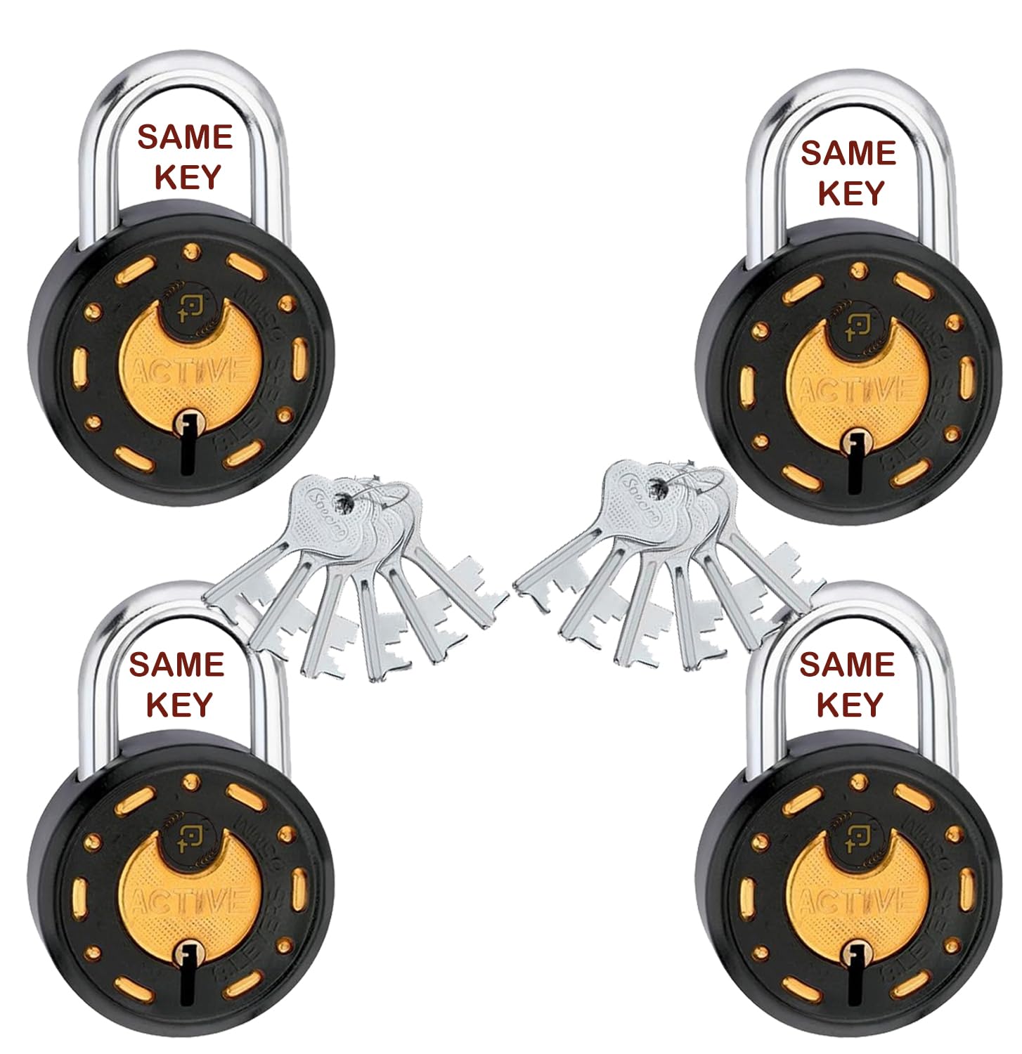 Azco Round Locks 65mm 12 Same Keys with 4 Padlocks | 8 Levers Double Locking | Lock and Keys for Home Door Shutter Shop Main Gate Truck Door Lock, Black Gold Finish (Pack of 4)-image-43
