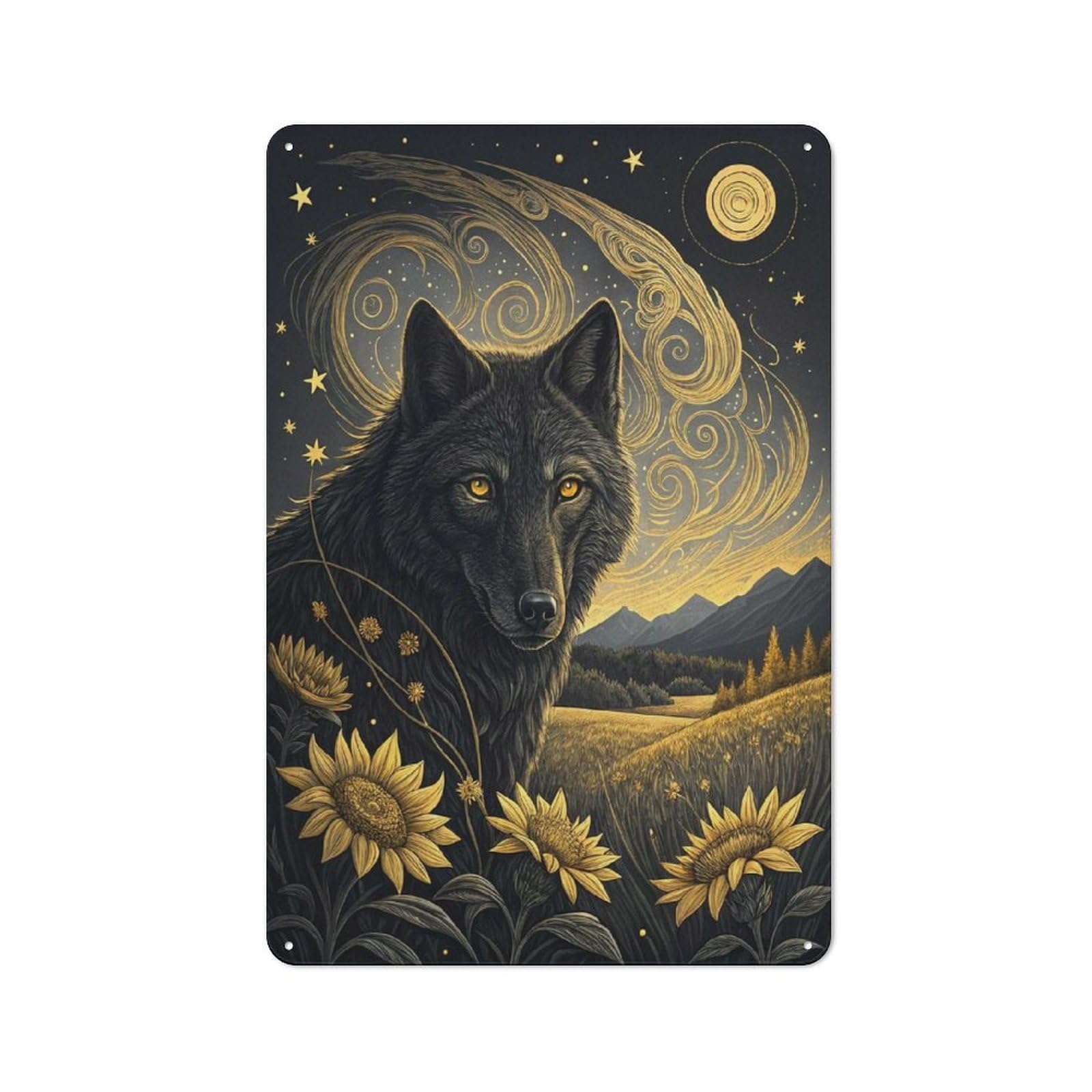Junmoney Style-15 Metal Wall Sign 30X20cm Featuring Wolf In A Starry Field For Workshop Wall, For Room Styling Across Workshops And Hobby Rooms