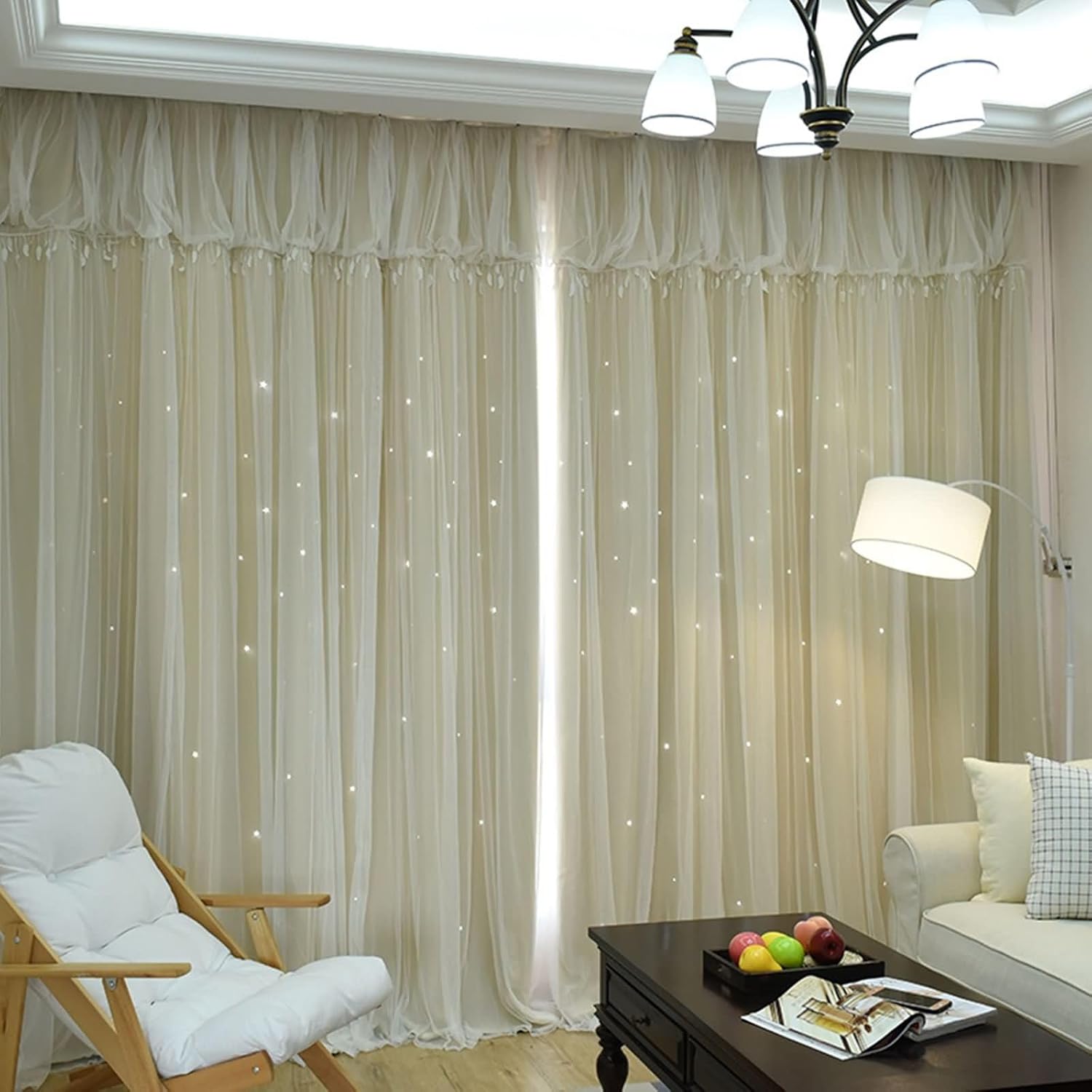 Bedroom Blackout Curtains 63 Inch Length, Polyester Eyelet Darkening Curtains Double Layer Hollow Star Solid with Yarn Beige Blackout Curtain for Living Room 52x63 Inch, 2 Panels
