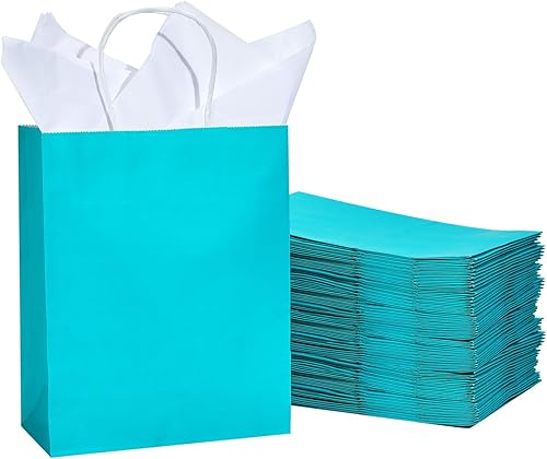 DjinnGlory Paquete de 50 bolsas de regalo de papel verde azulado de tamaño mediano con asas y 50 papel de seda blanco para pequeñas empresas,