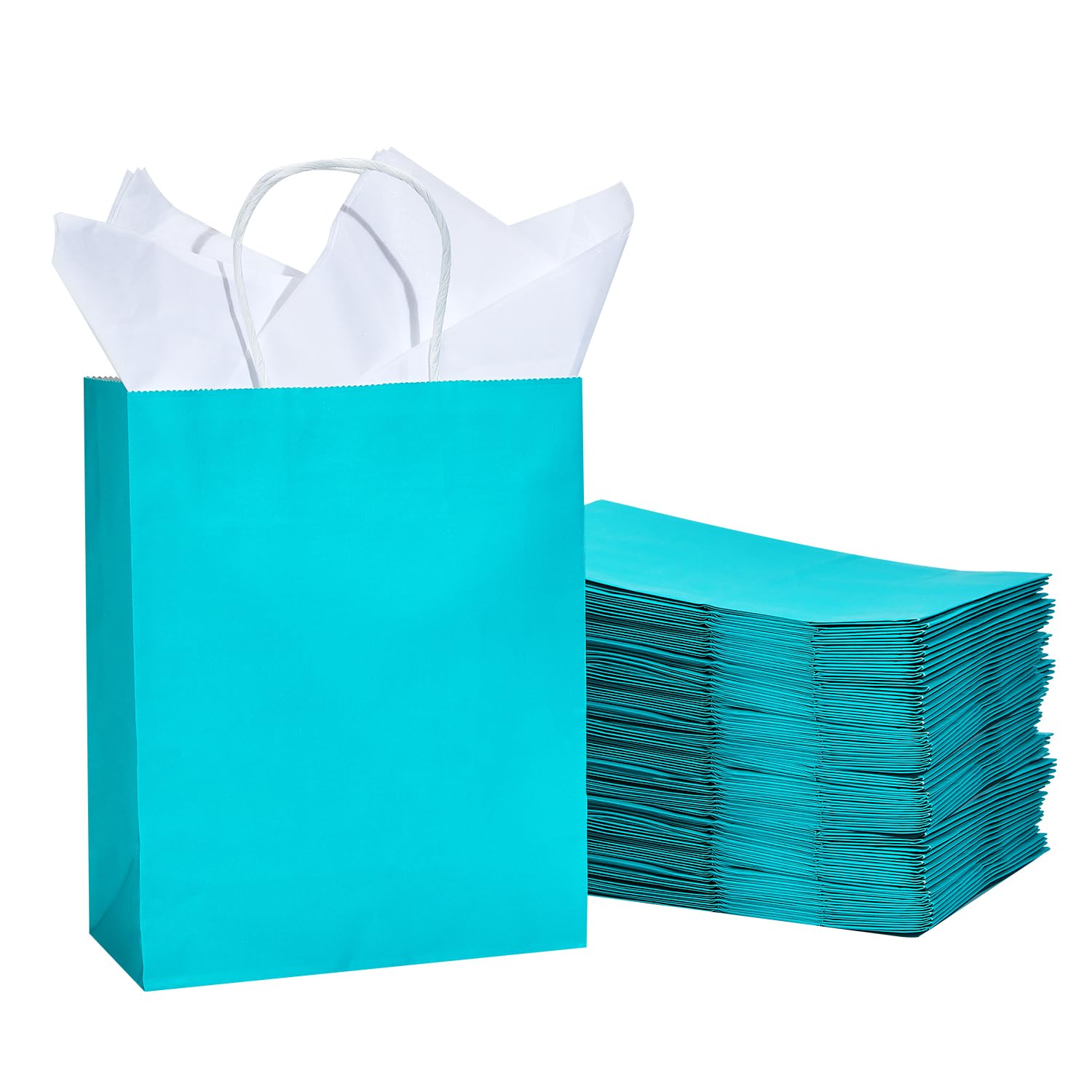 DjinnGlory 50 Pack Medium Size Teal Blue Paper Gift Bags with Handles 10x8x4 Inch and 50 White Tissue Paper for Small Business Christmas Holiday, Wedding Baby Shower Birthday Party Favors