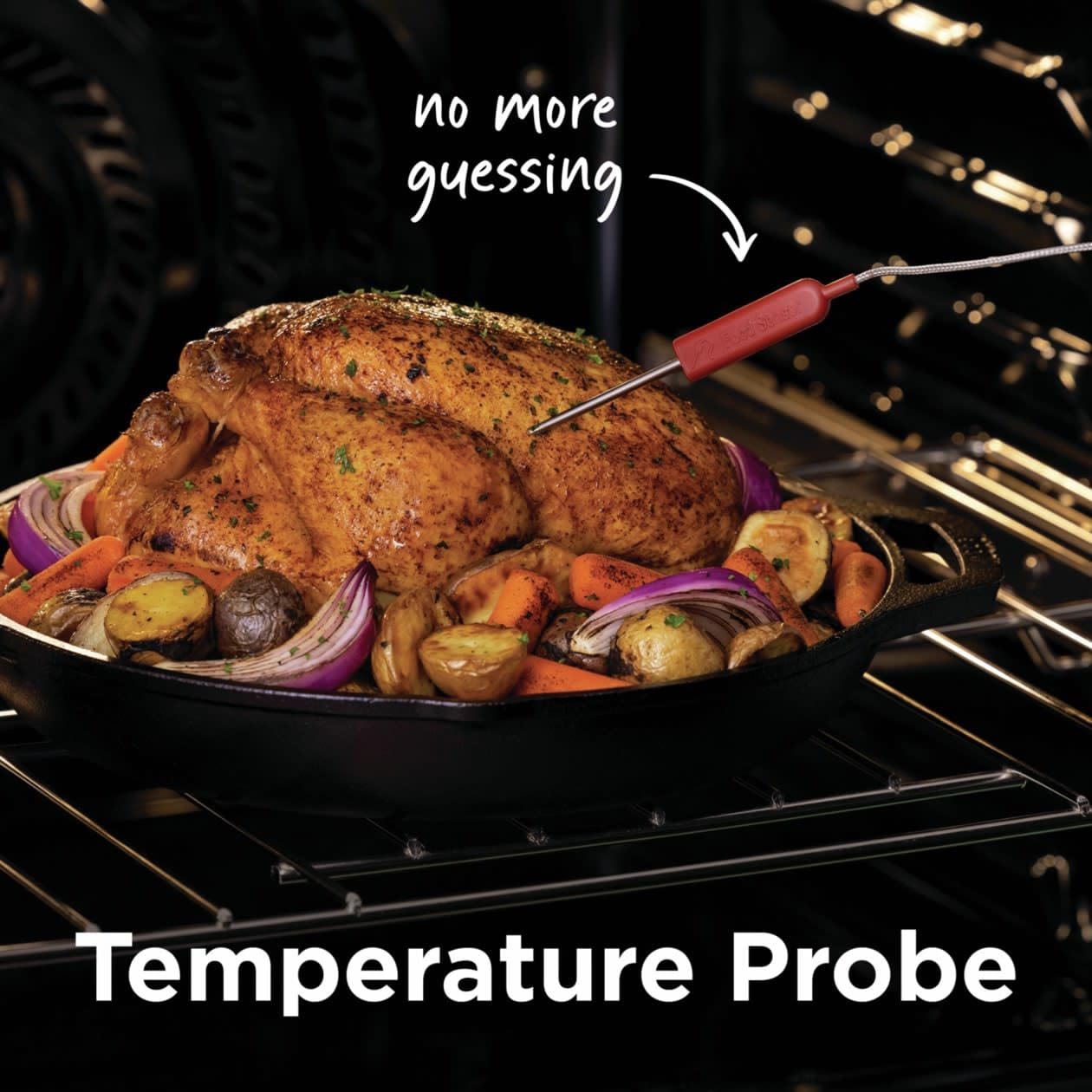 Image of a temperature probe inserted into a roasted chicken inside the oven.