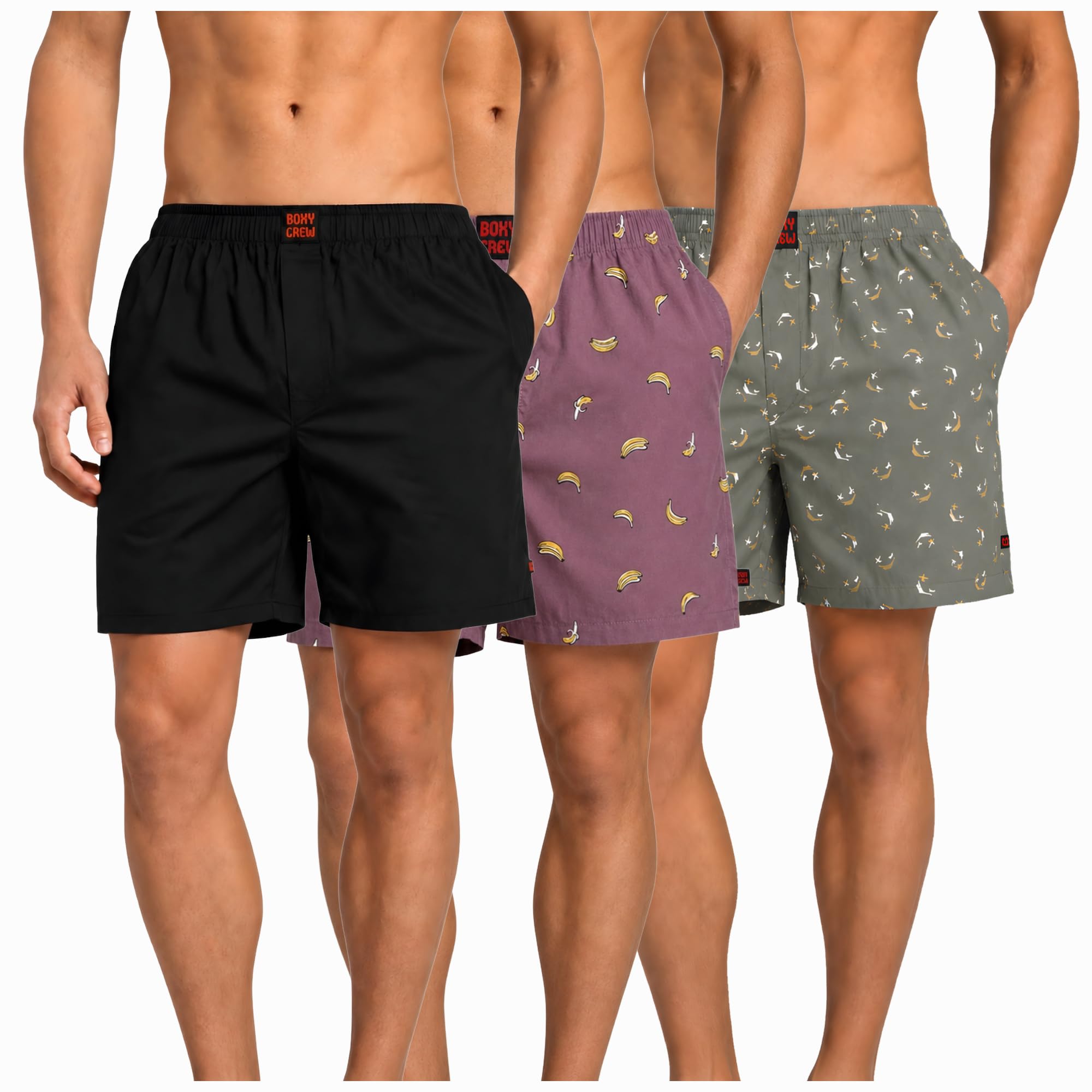Men's 100% Cotton Boxer Shorts Pack of 3, Black, Rose Pink & Green | Woven Boxers with Side Pockets, No-Marks Elastic Waistband, Breathable Relaxed Fit | Style 001-006-008-image-19