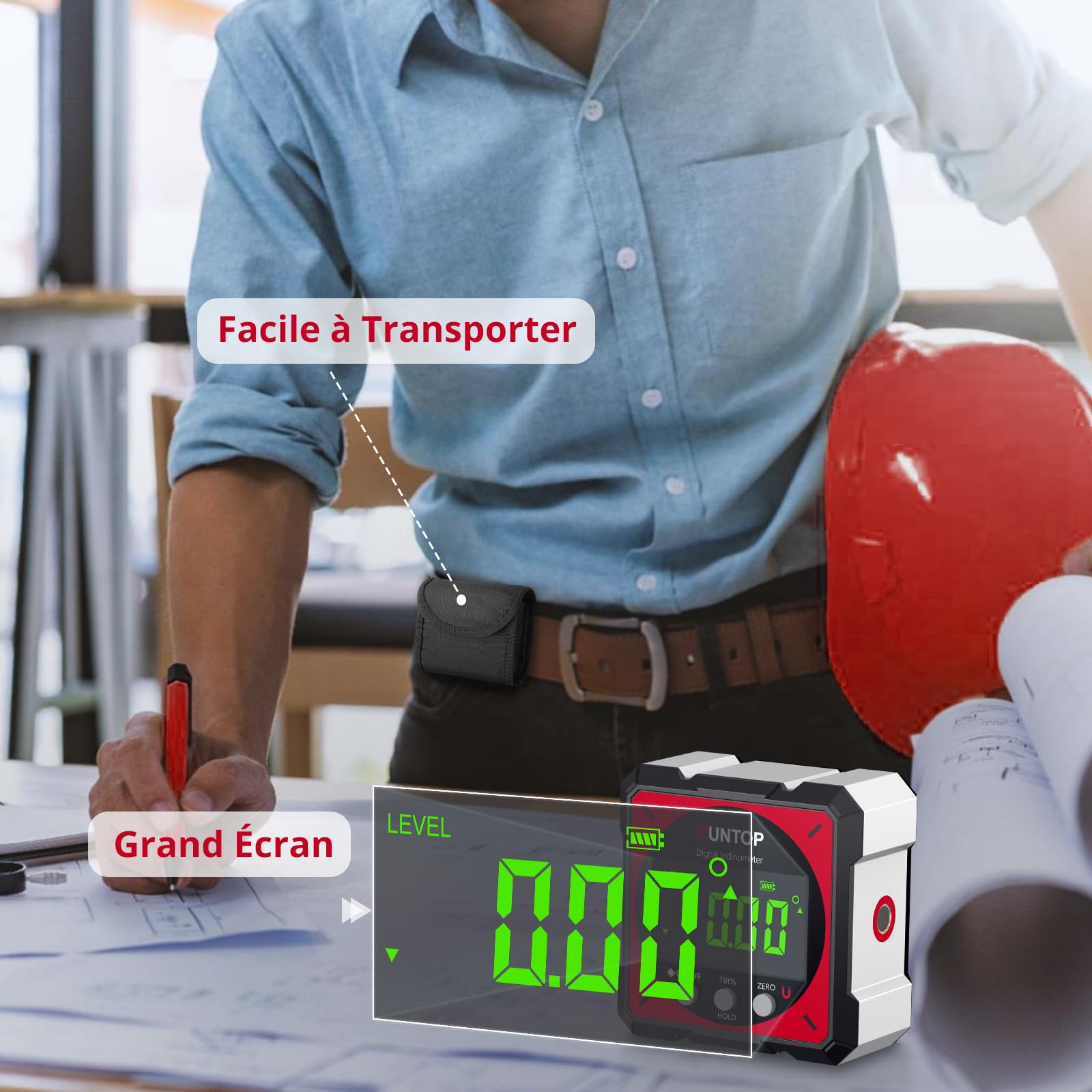 XUNTOP 4*90° Inclinomètre Numérique Rechargeable avec Fonction Laser Écran LCD Étanche IP54 Rapporteur d'Angle Digital 4 Faces Magnétiques Niveau à Bulle pour Menuiserie Travail du Bois Construction