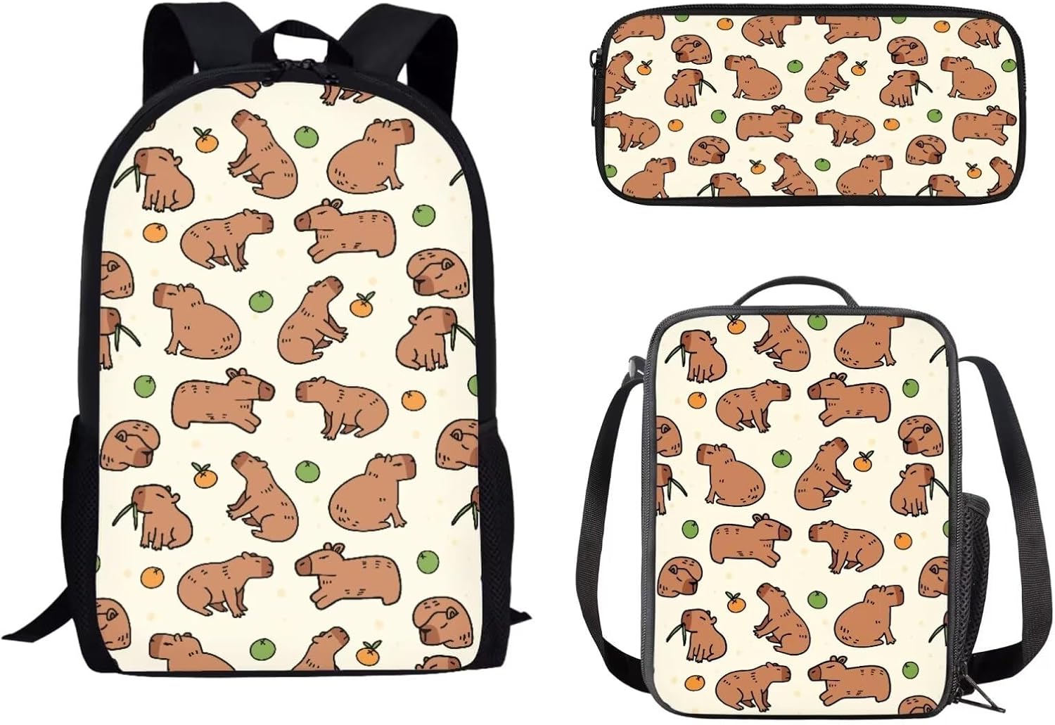 UNICEU Capybara Kids School Backpack Set with Insulated Lunchbox Pencil Case for Middler Primary School Girls Boys