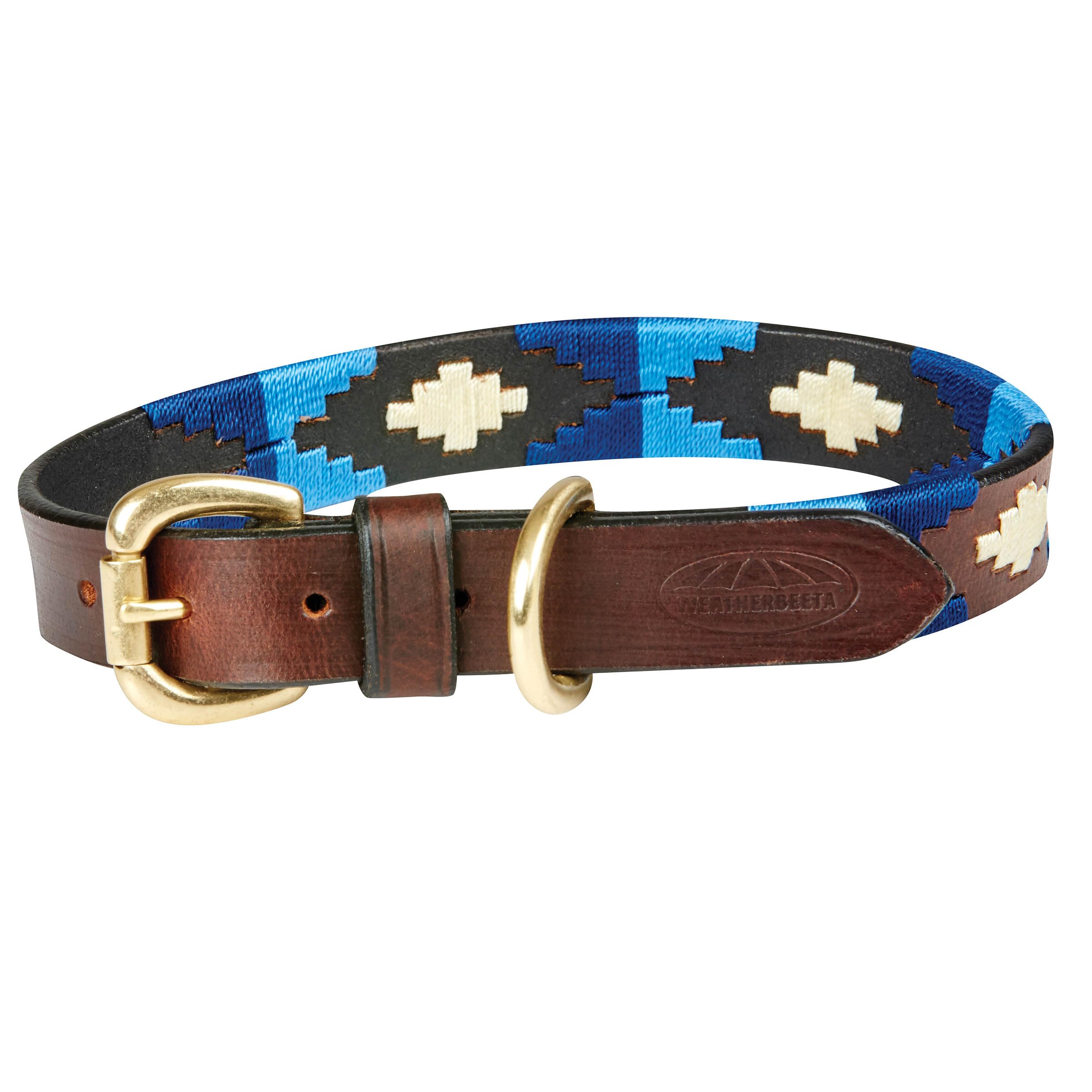 WeatherBeeta Polo Leather Dog Collar, Cowdray Brown/Blue/Blue, Xxlarge