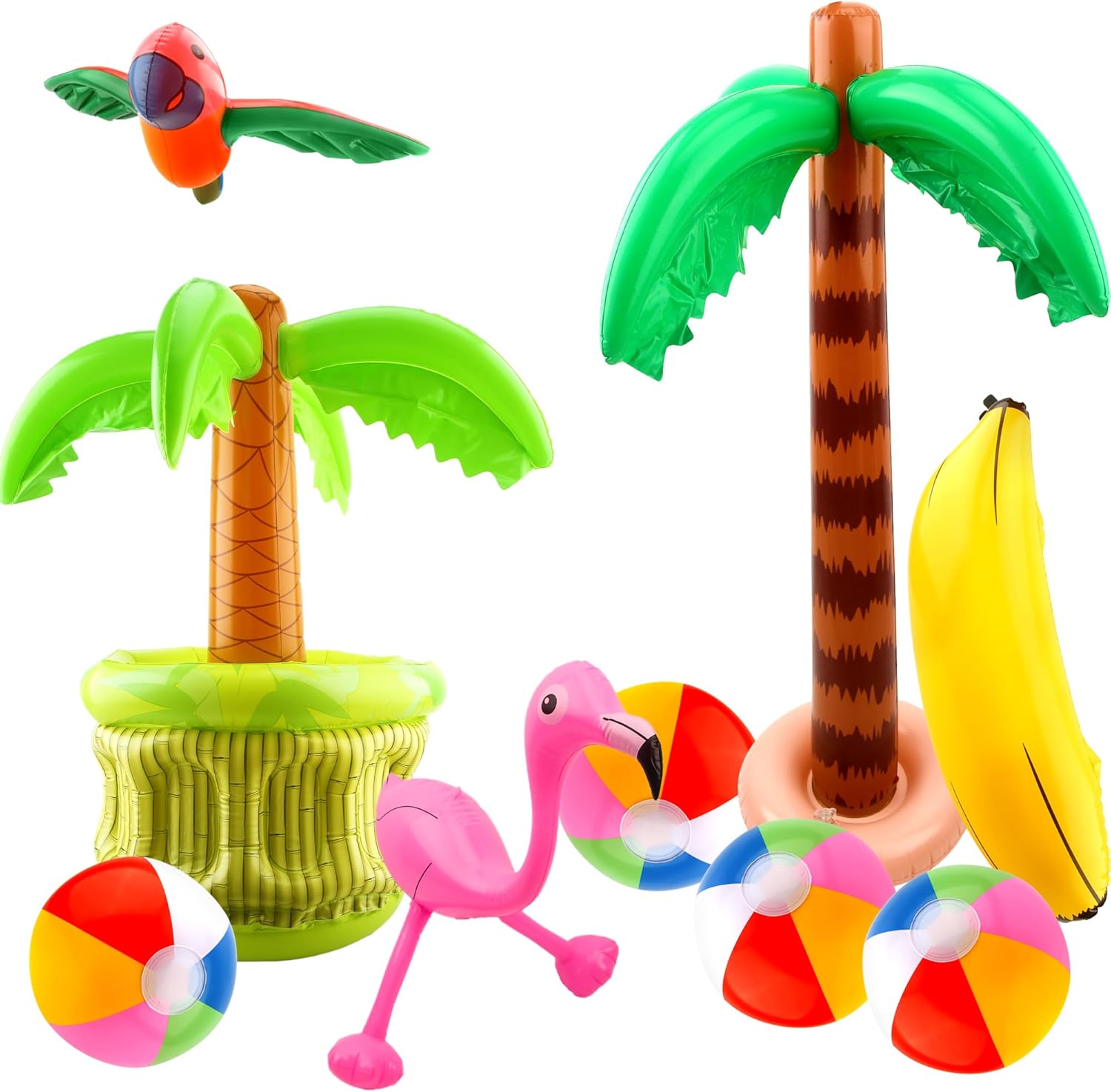 9 Pack Inflatable Palm Tree Blow Up Palm Tree Cooler Inflatable Flamingo Parrot Banana Beach Ball Pool Toys for Hawaiian Tropical Themed Luau Party Decorations