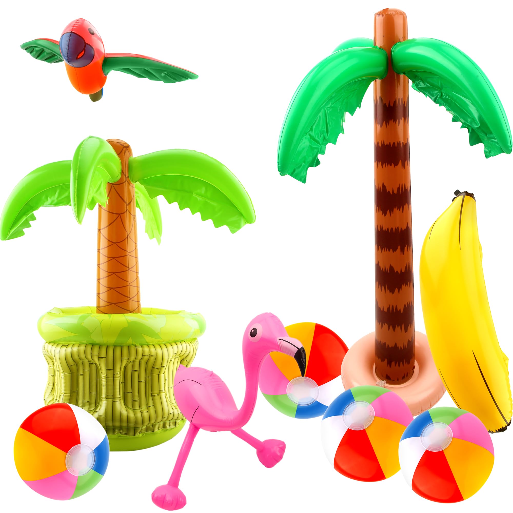 Feradny 9 Pack Inflatable Palm Tree Blow Up Palm Tree Cooler Inflatable Flamingo Parrot Banana Beach Ball Pool Toys for Hawaiian Tropical Themed Luau