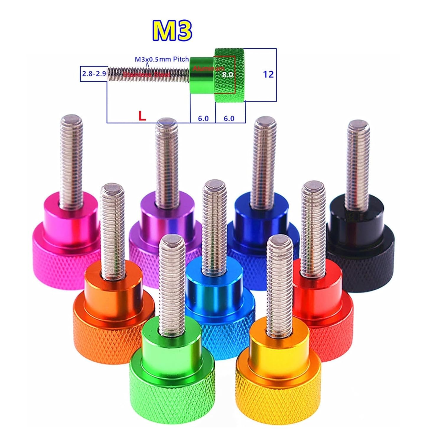 3個 メトリック M3 陽極酸化アルミニウム ハイステップ つまみねじ 12x6mm ローレットヘッド 手締めねじ ステンレススチー
