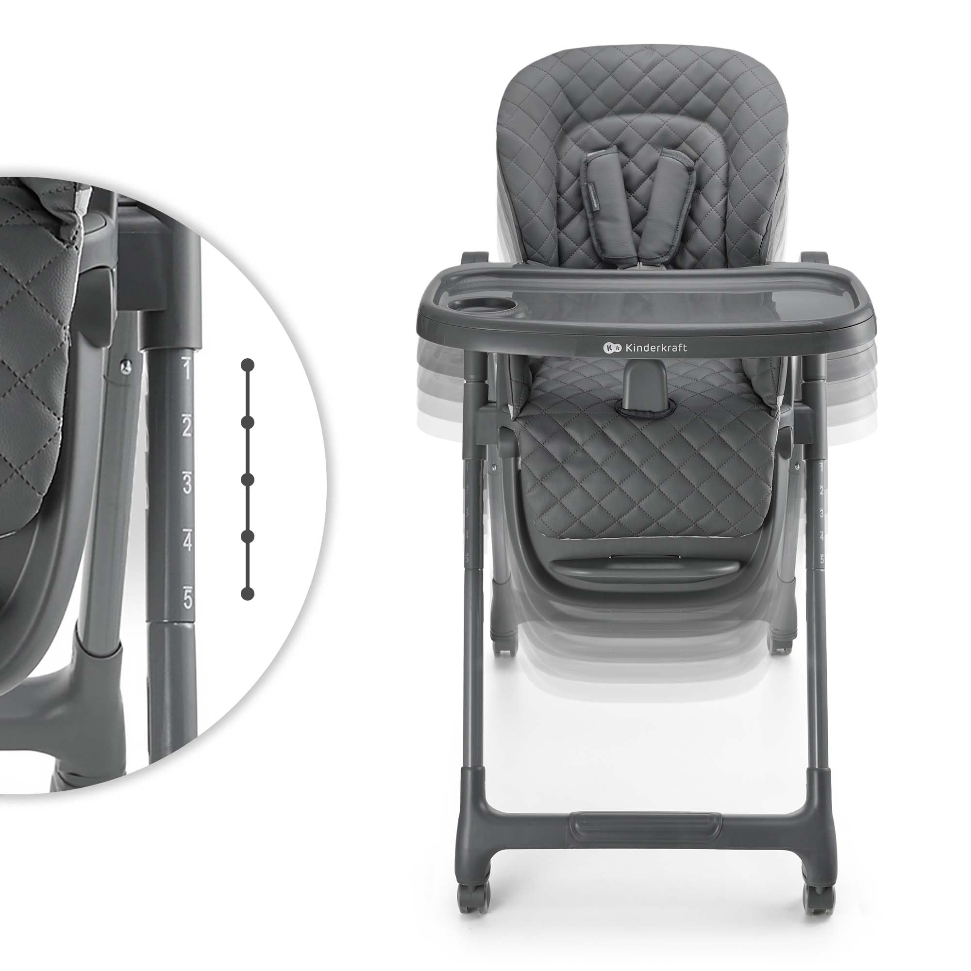 Kinderkraft TULO Chaise haute pour bébé, Ergonomique, Confortable, Pliable, Avec Repose-Pieds Réglable en Hauteur, Double Plateau Amovible Pour les Tout-Petits de 6 mois à 5 ans, Gris