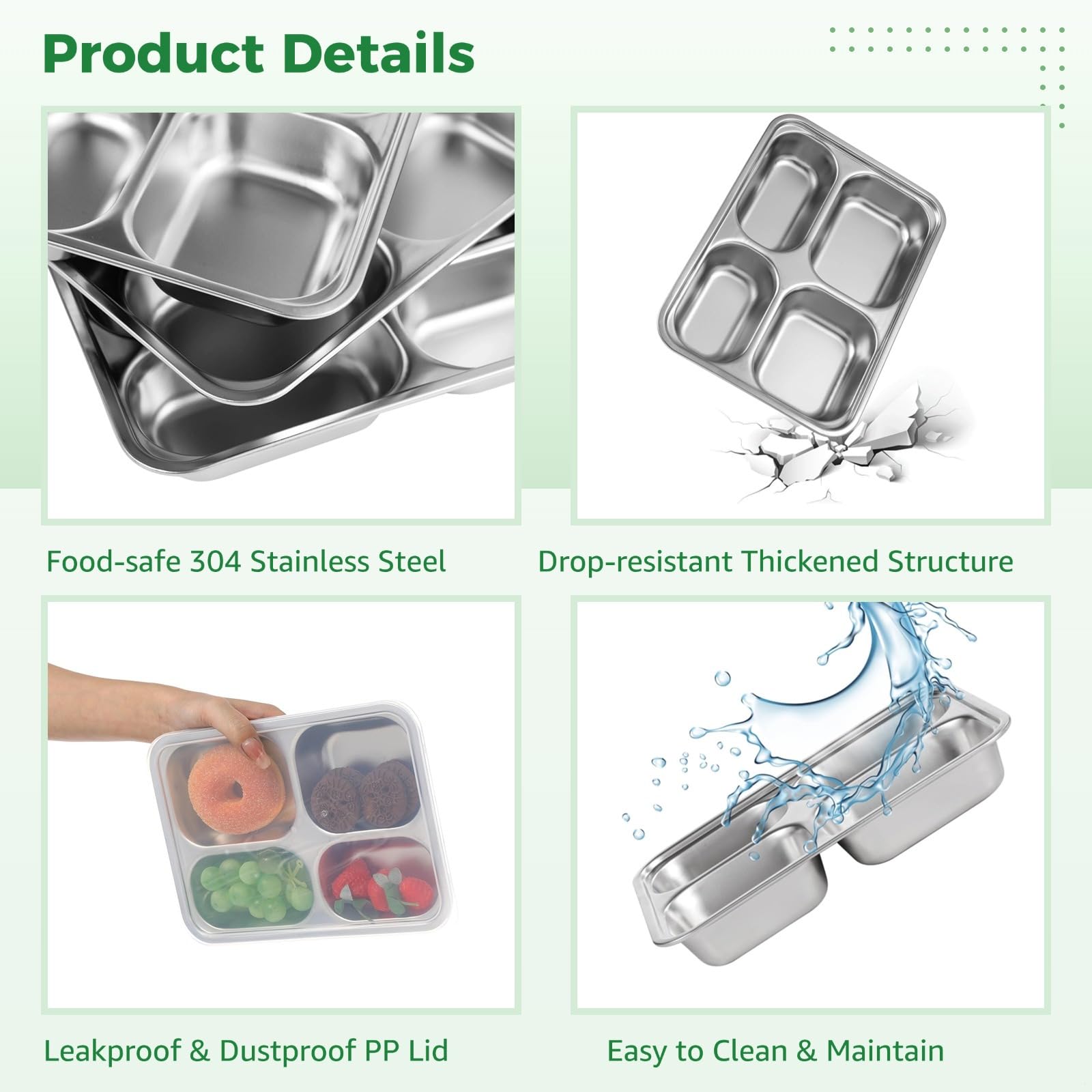 Lot de 4 boîtes à bento en acier inoxydable avec couvercles pour enfants et adultes, plateaux à déjeuner réutilisables