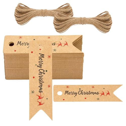 G2PLUS Small Merry Christmas Tags - 100Pcs Deer Kraft Paper