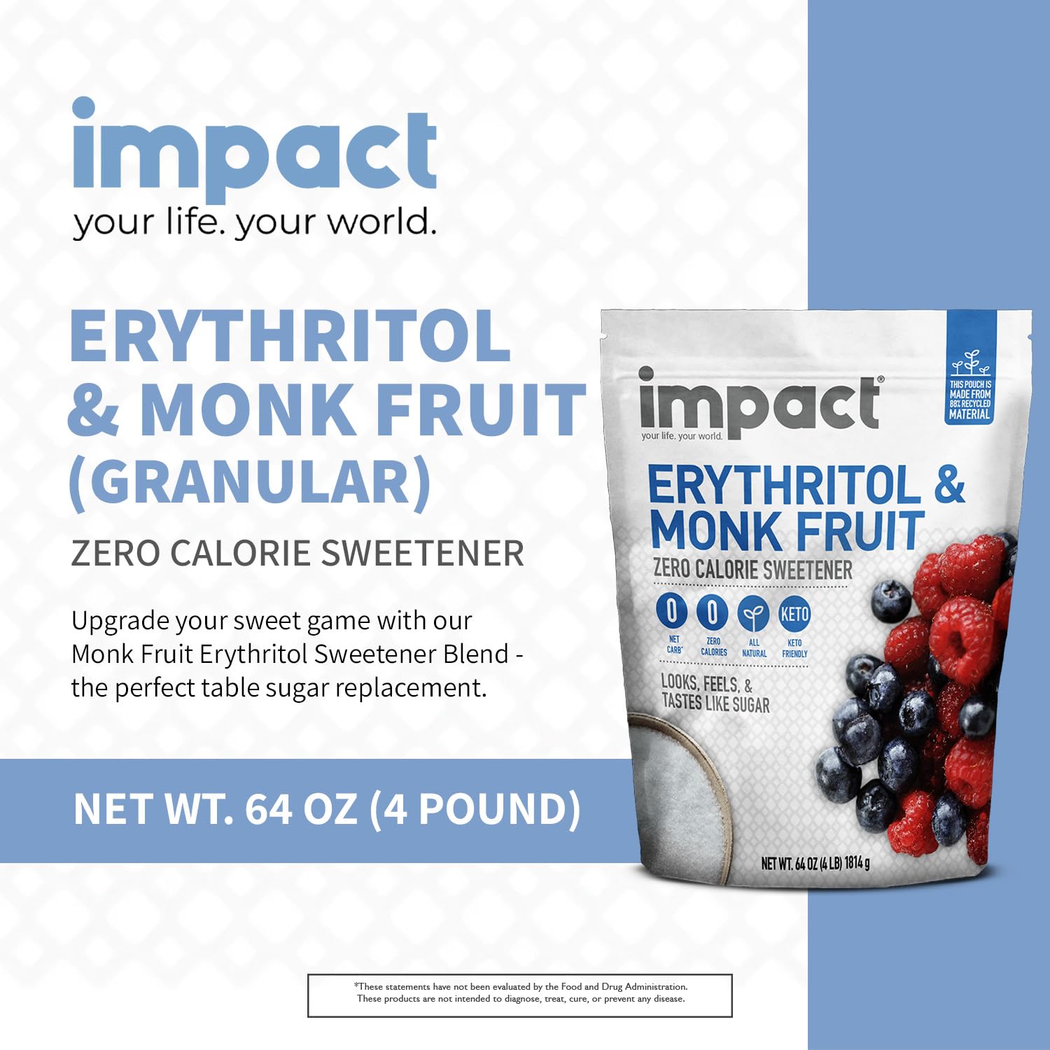 Impact White Monk Fruit & Erythritol Sweetener Blend - Gluten Free, Zero Calories, Net Carbs, Keto, Vegan, Non-GMO - 1 is to 1 Sugar Substitute - 4lbs