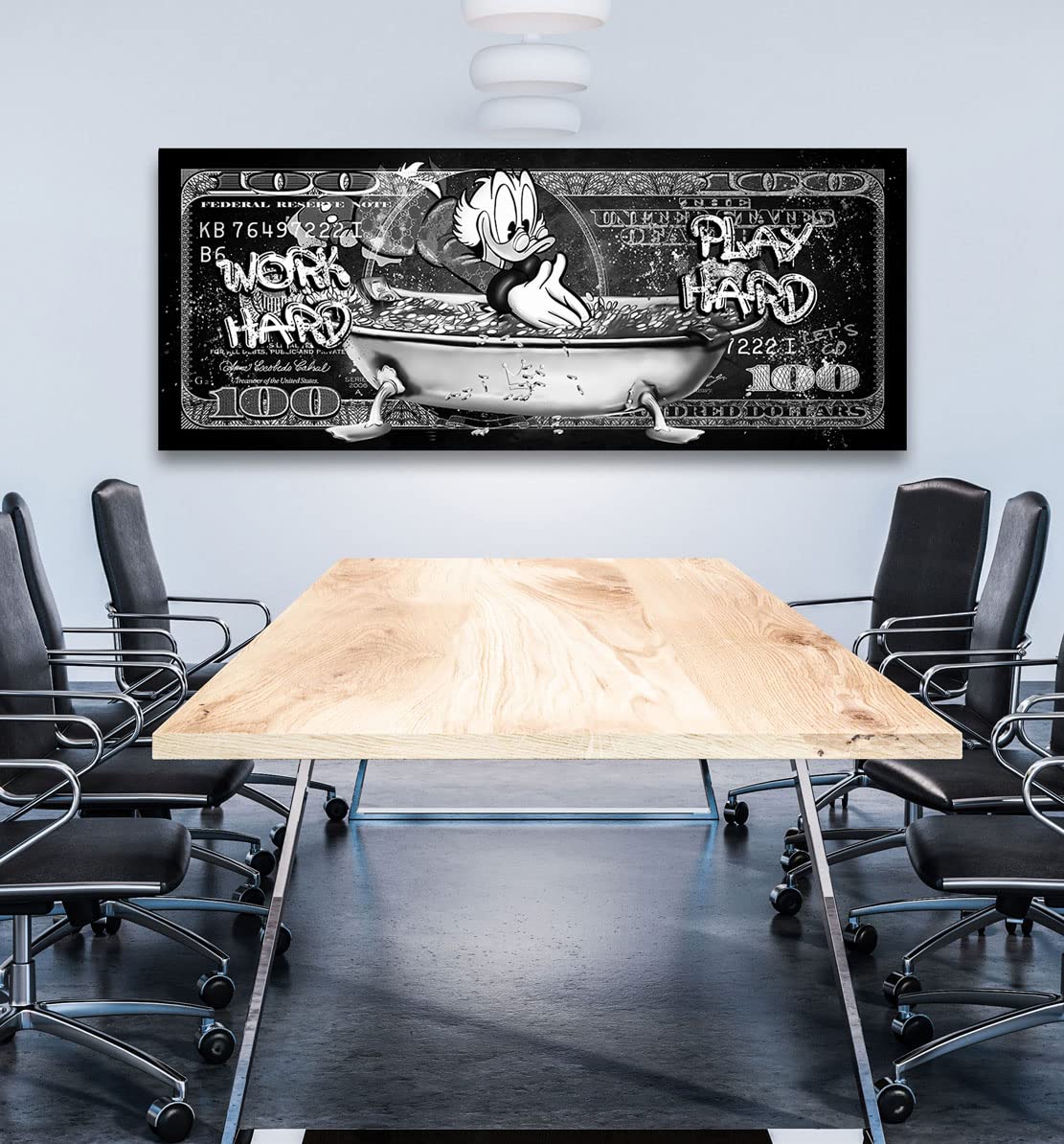 Kunstgestalten24 Leinwand Bild Dagobert Duck Work Hard Black and White Pop Art Wandbild Kunstdruck Raum- u. Wanddeko