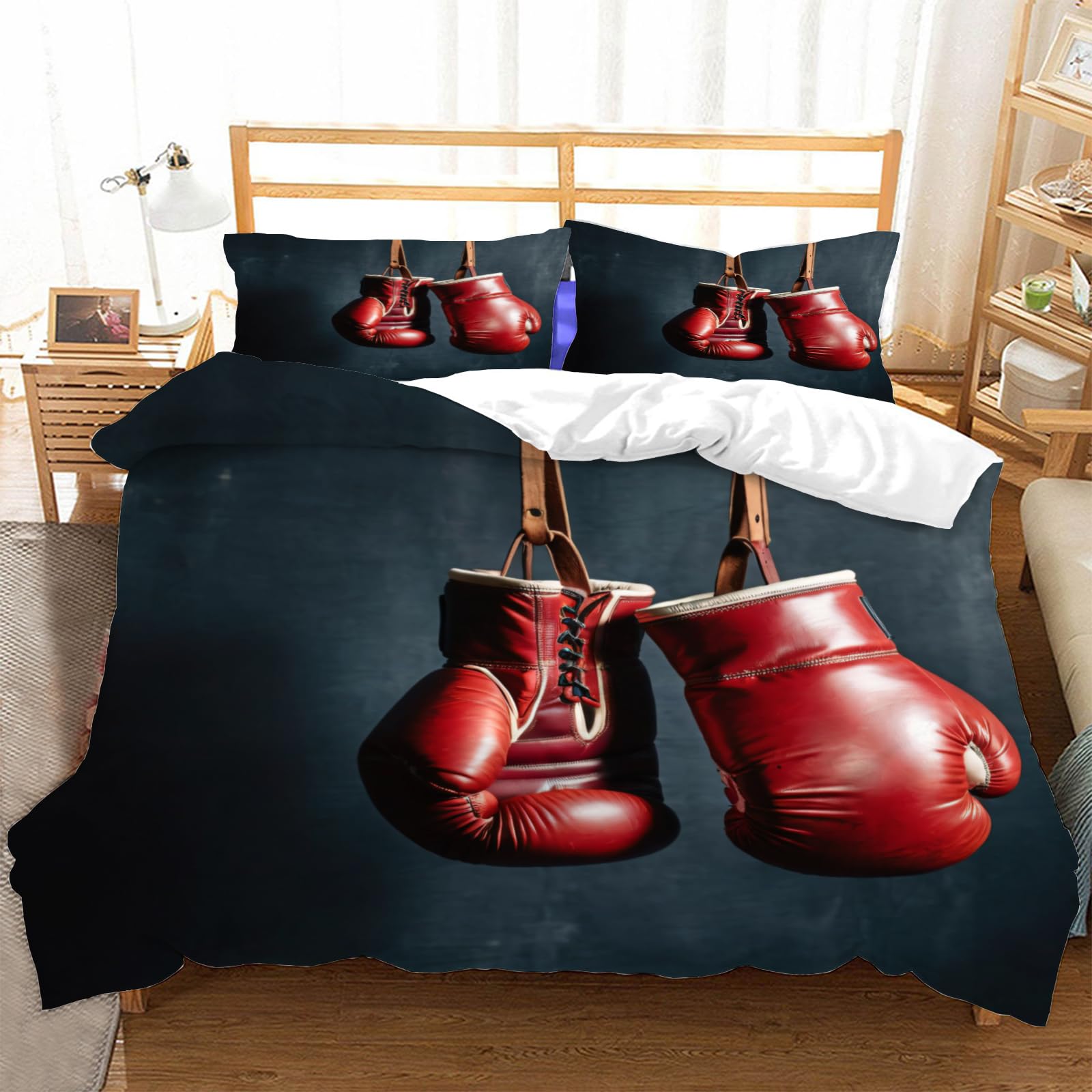 Housse de couette gants de boxe 240x260 cm avec 2 taies d'oreiller pour lit 2 personnes