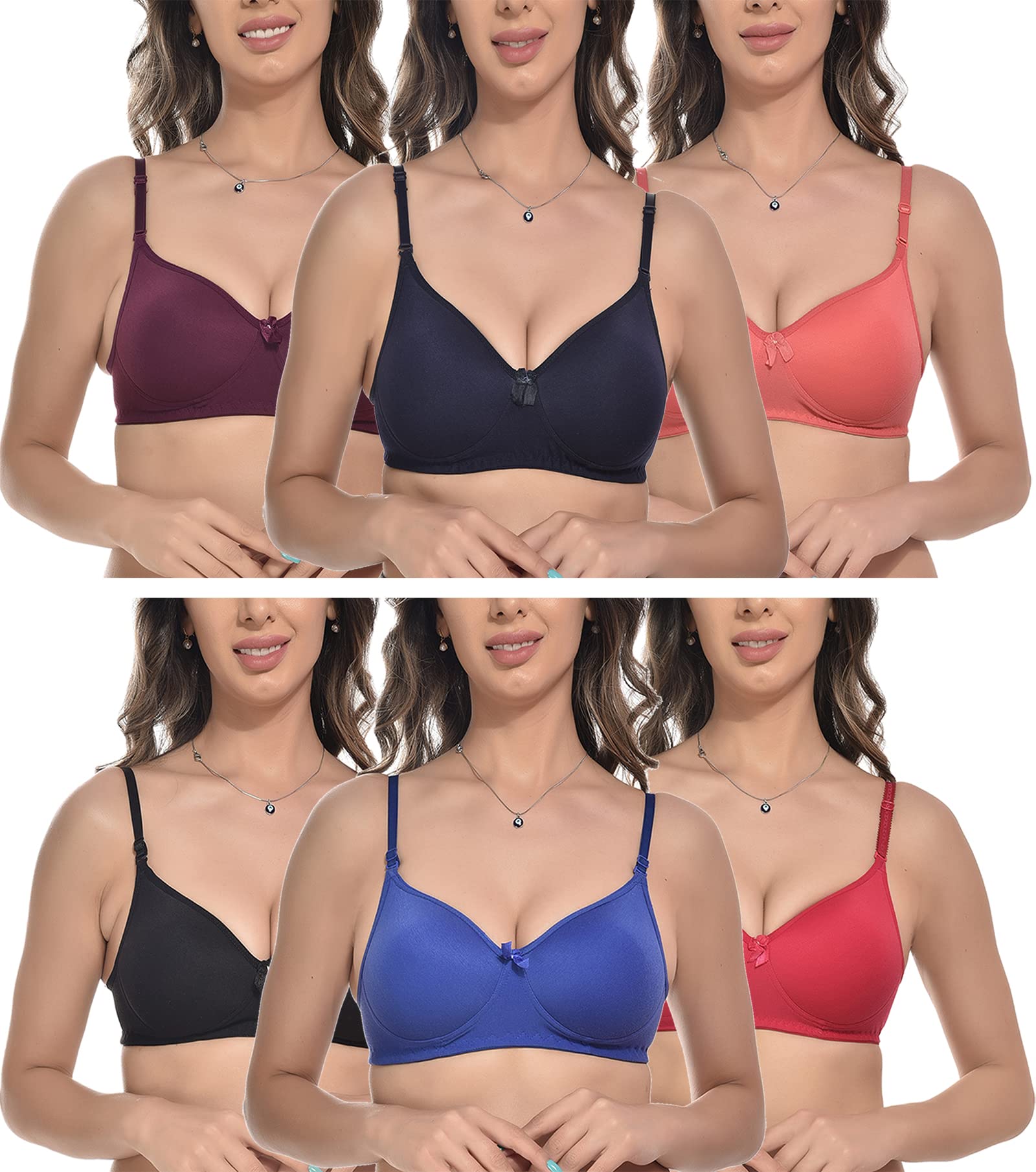 FIMS - Fashion is my styleWomen Cotton Blend Solid Padded Non-Wired Full Coverage Seamless Bra Multicolor Pack of 6 Cup- B