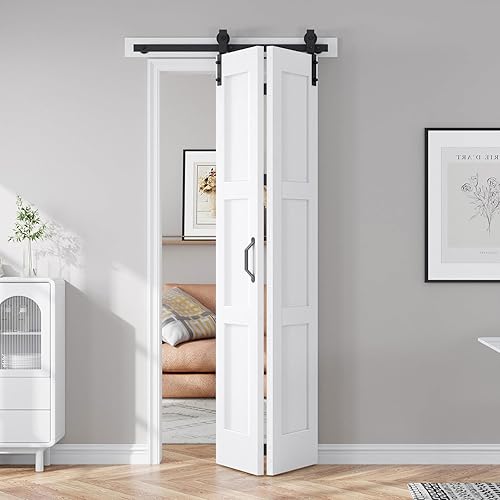 FREDBECK Puertas plegables correderas de 32 x 84 pulgadas (doble 16 x 84) con kit de riel de hardware de 36 pulgadas incluido, MDF sólido con