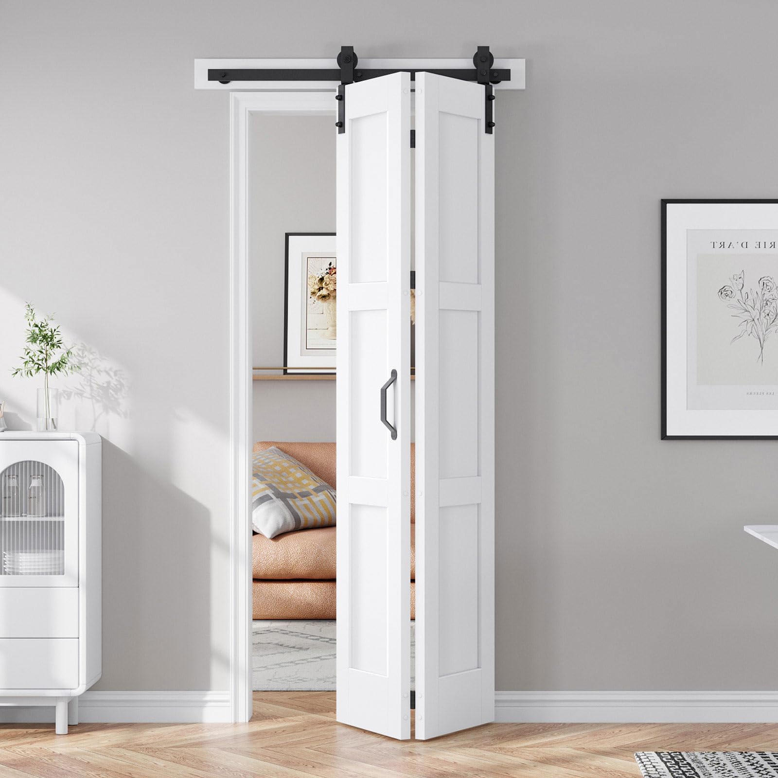 fredbeck 32x84(double 16x84) white bifold barn door sliding folding doors with 36" hardware track kit included,solid mdf with water-proof pvc surface for closet,assembly required