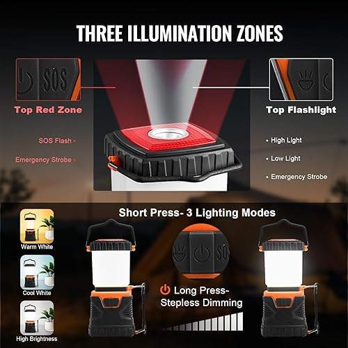 Miniatura 4 de VEVOR Linterna LED para campamento, todo en uno, 1000 lm, iluminación de 360, 4 modos de iluminación, luz alimentada por batería, linterna robusta