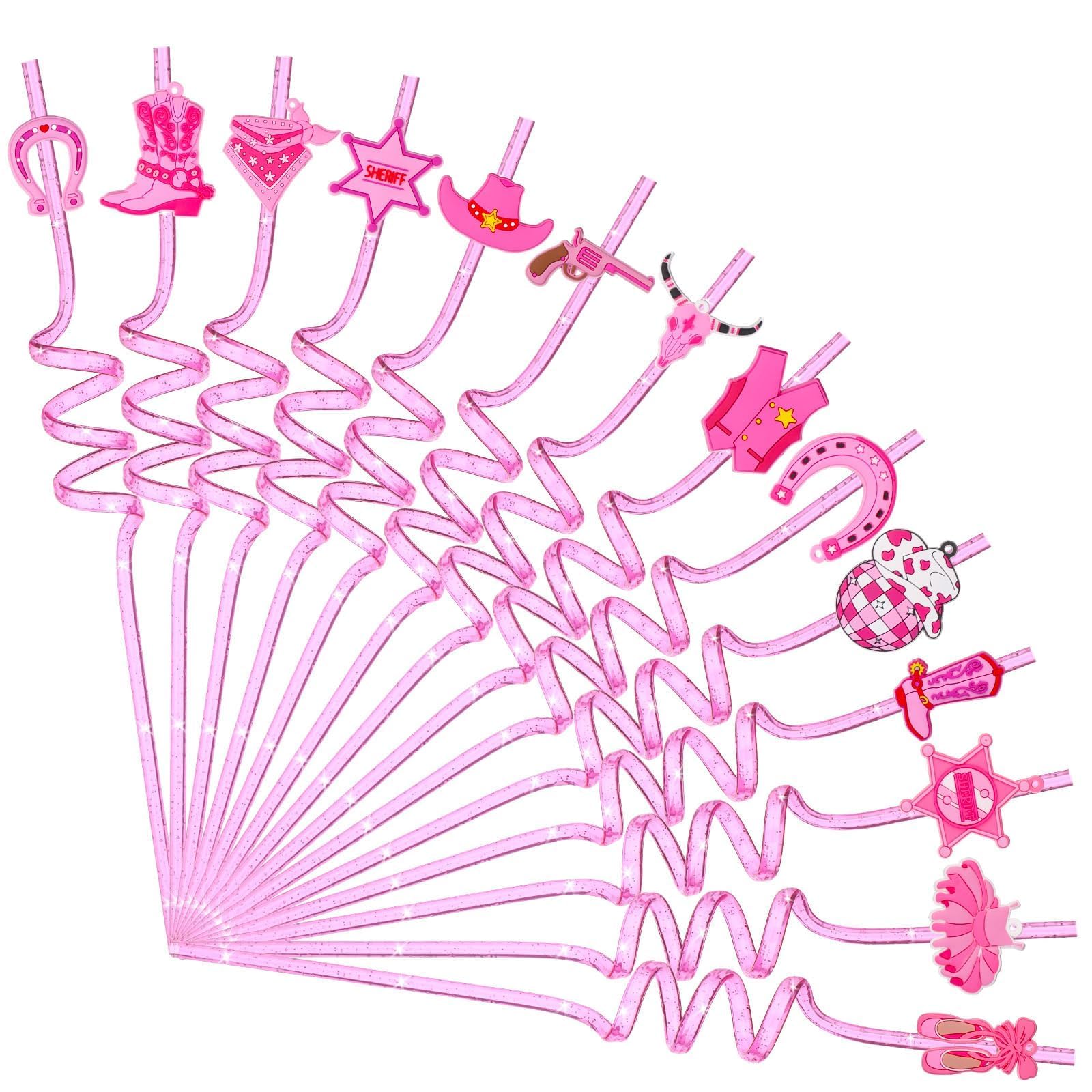 14 Pack ‌Pink Cowgirl Straws Reusable Western Party Straws for Bachelorette Birthday Cowboy Theme Decor Cocktail Straw 10.5" Plastic Drinking Straws with Fun Cowgirl Hats Boots