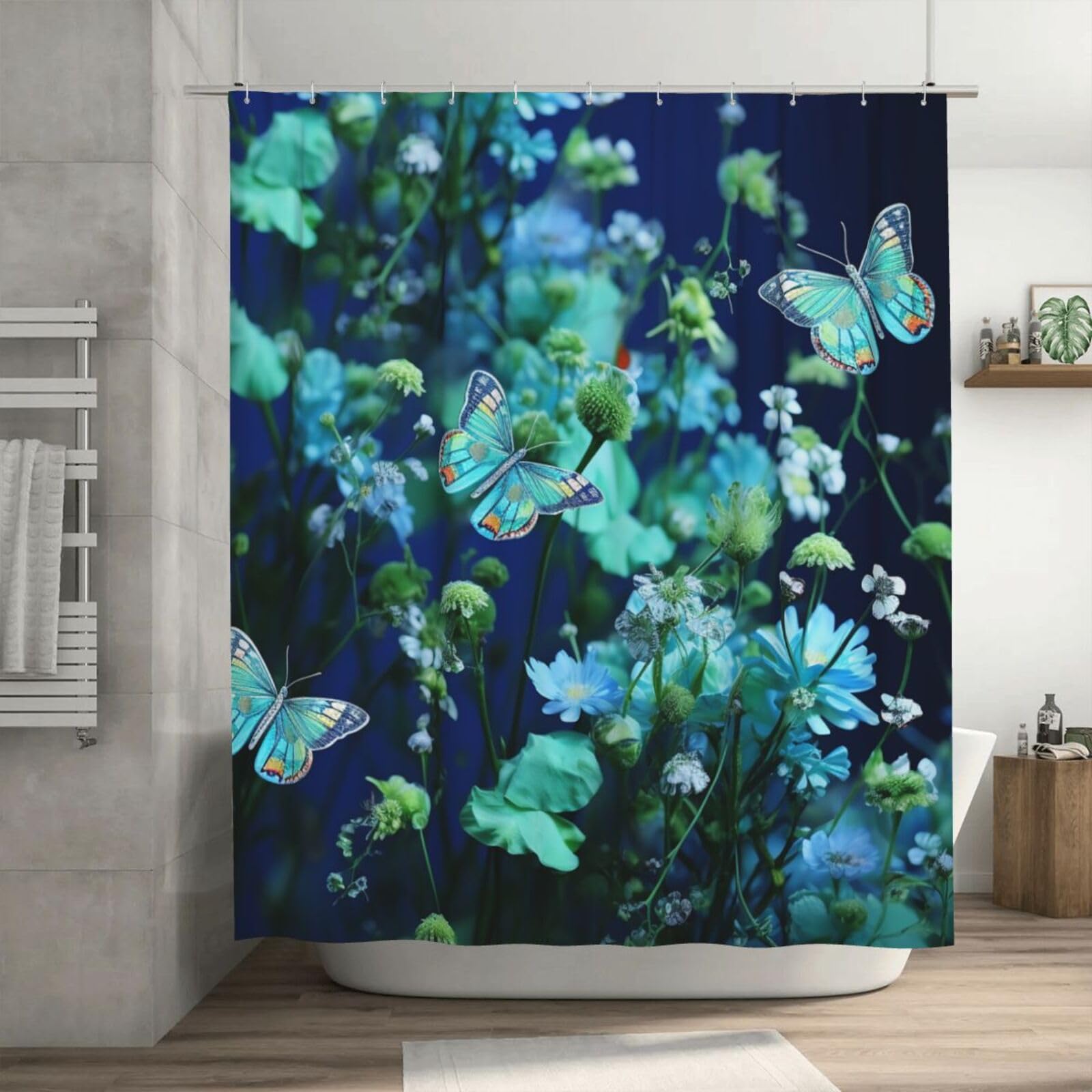 Rideau de douche épais anti-éclaboussures 182x182 cm motif fleurs et papillons