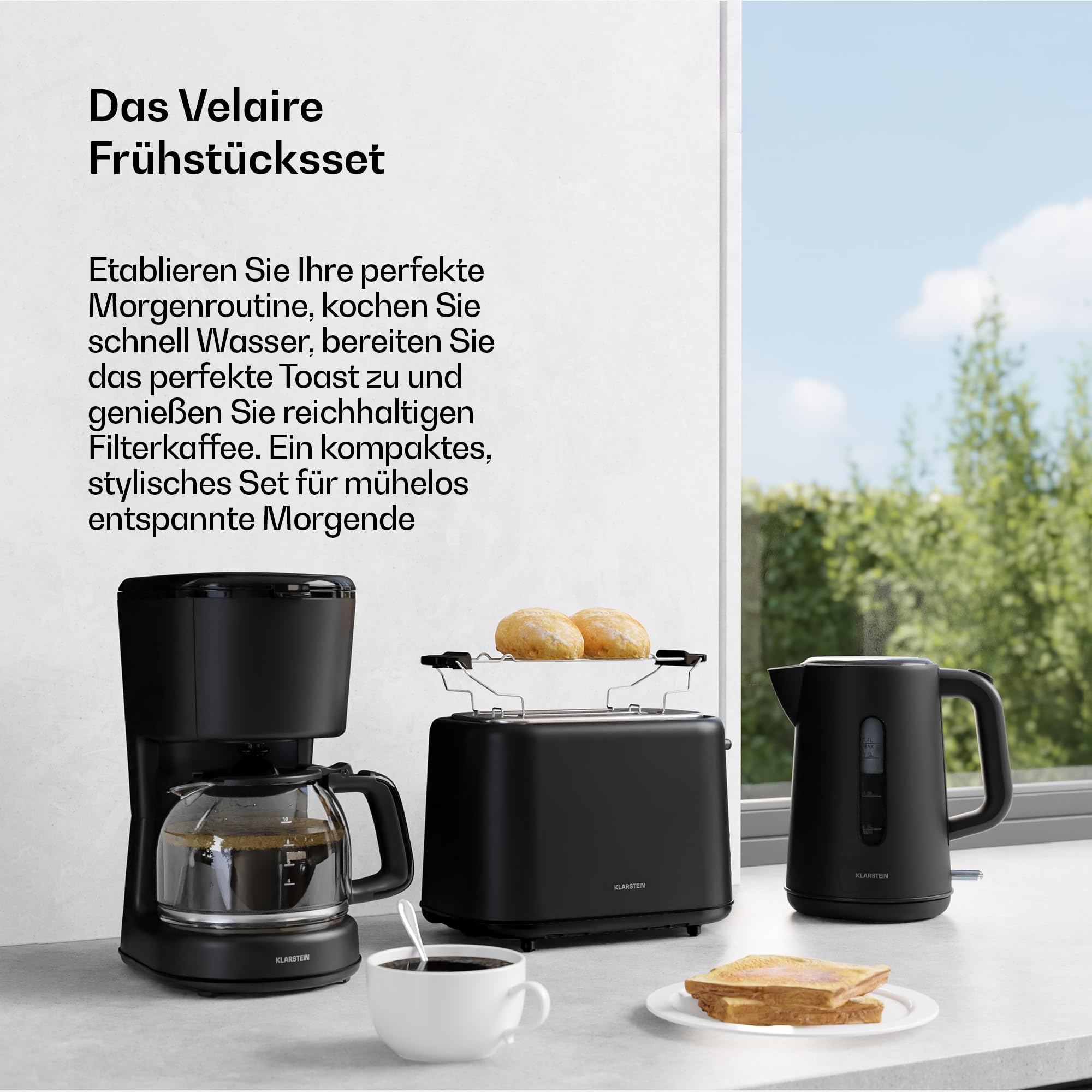 Klarstein Velaire Frühstücksset Toaster 2 Scheiben Wasserkocher 1,7L Filterkaffeemaschine 10 Tassen